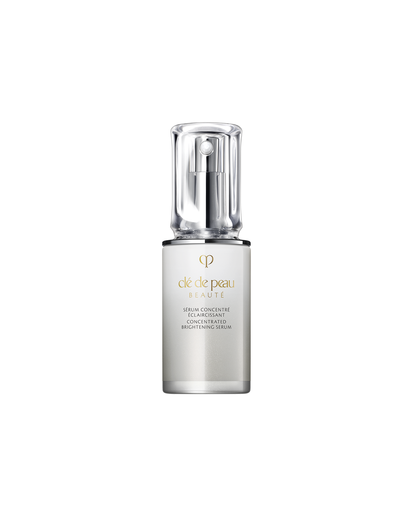 Photo of "CONCENTRATED BRIGHTENING SERUM," a serum in a silver-gradient pump bottle with a clear cap. SIZE: 40mL