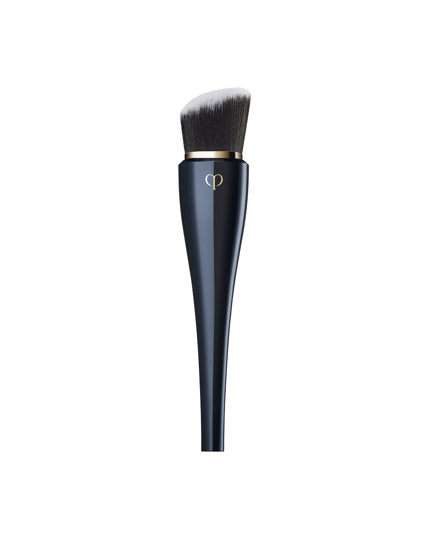 Photo of &ldquo;HIGH COVERAGE FOUNDATION BRUSH&rdquo; featuring a sleek, blue-black handle with a gold brand logo, and dense, slanted bristles.