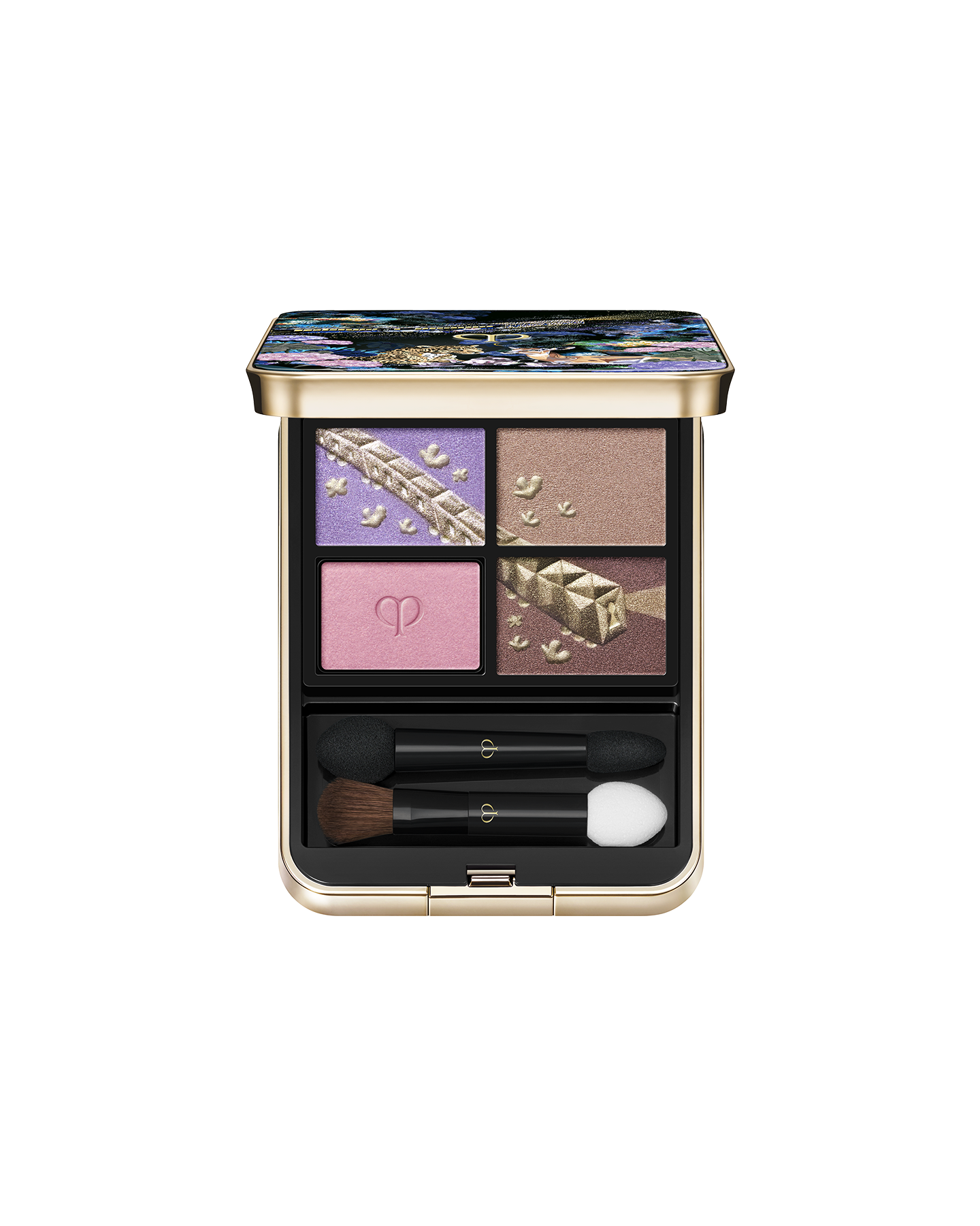 Photo of the limited-edition EYE COLOR QUAD, an eyeshadow consisting of four shades. The upper left and lower right shades are embossed with a gold train and motif, while the lower left shade features the brand logo. Shade: Pastel Tea Safari.