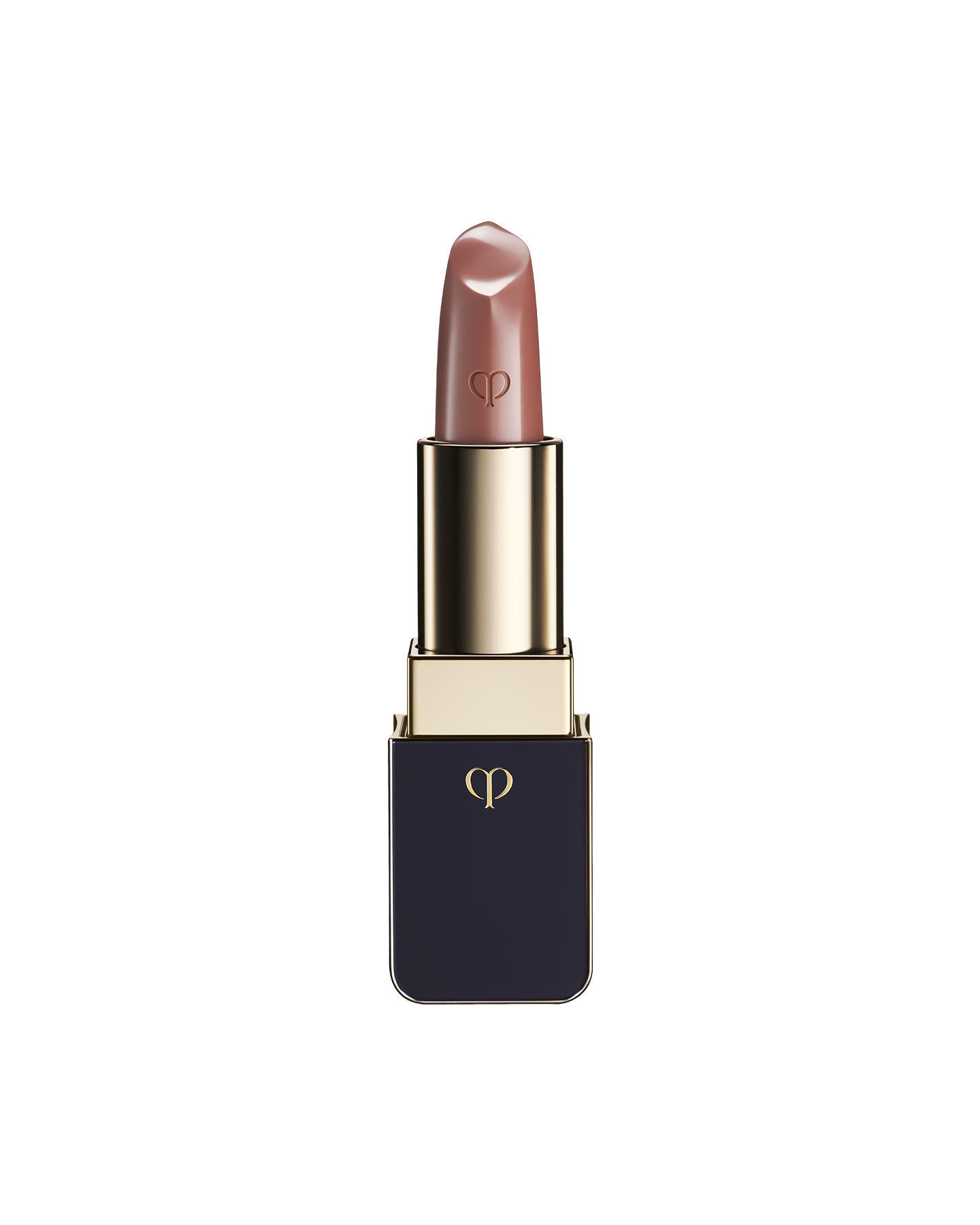 Photo of "LIPSTICK" with the stick twisted up. The tip is engraved with the brand logo, and the body features a combination of blue-black and gold sides. SHADE: Triumphant Tawny.