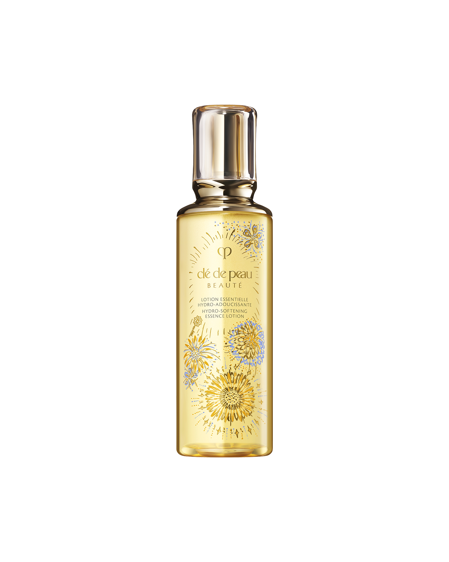 Photo of the 26 SS Gift Collection limited-edition HYDRO-SOFTENING ESSENCE LOTION. The golden-toned bottle features the Radiance Fireworks design with flowers blooming like fireworks and a key motif. 