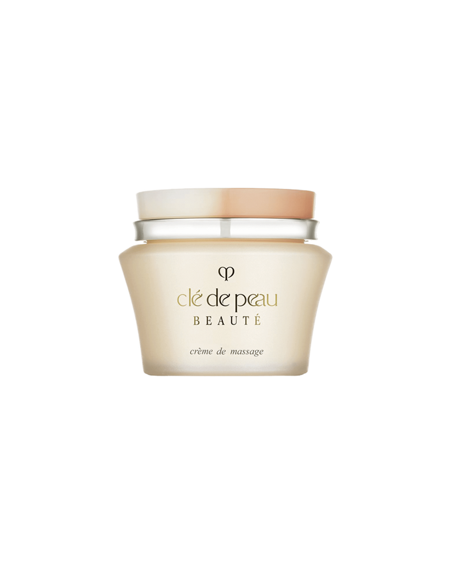 Photo of "MASSAGE CREAM" in a pale gold glass jar with a two-tone beige and white lid. The gold brand logo and product name are printed on the front.