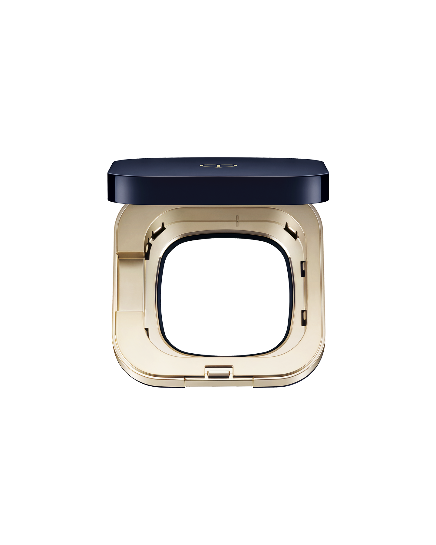 Photo of an exclusive case for "RADIANT CUSHION FOUNDATION DEWY" with the lid open, showing an interior space designed to hold a refill.