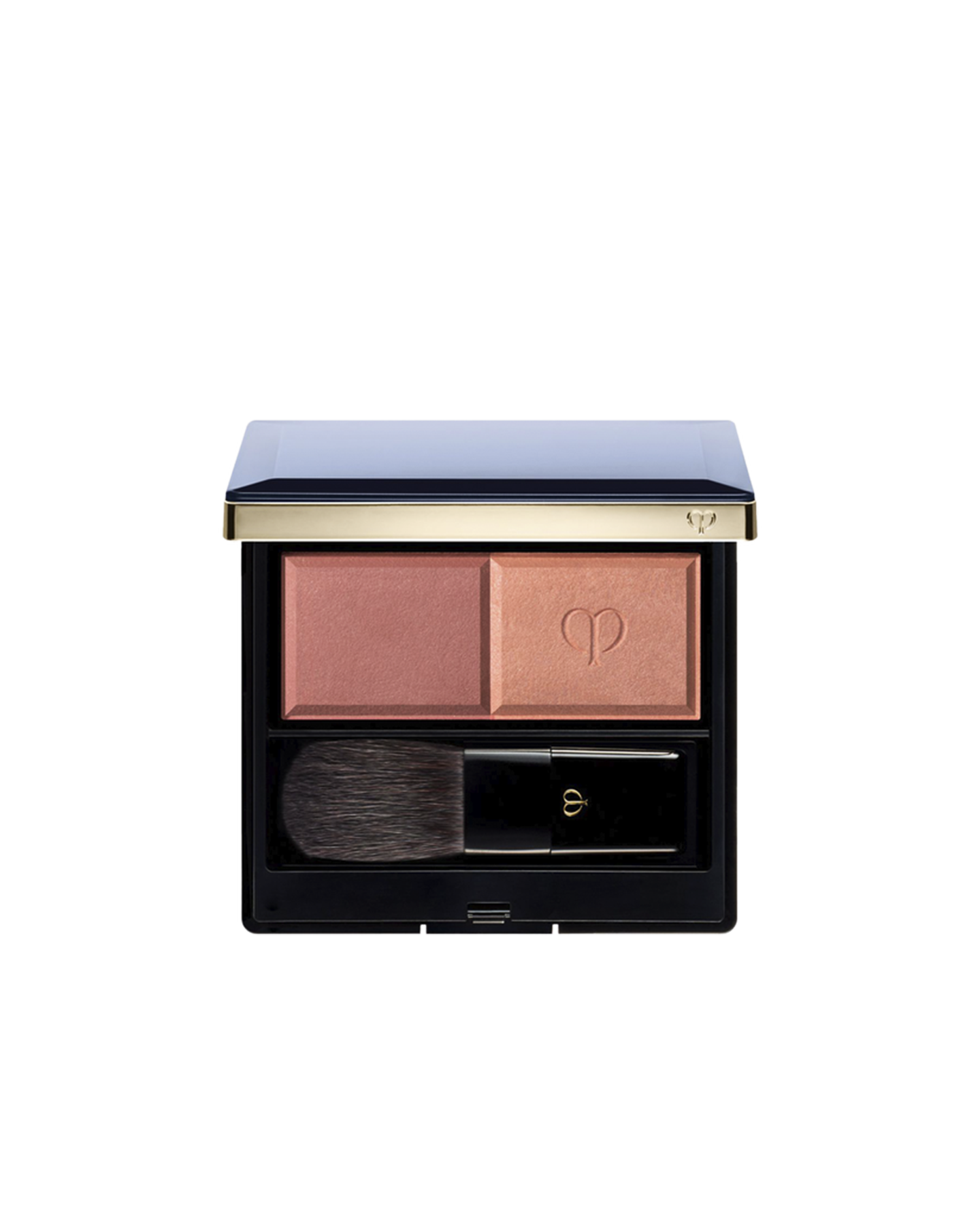 Photo of the "POWDER BLUSH DUO (REFILL)" set in a square compact with a navy lid and gold trim, containing two blush shades and a brush. The left side holds the matte powder, and the right side holds the pearly powder embossed with the logo.Shade: 105