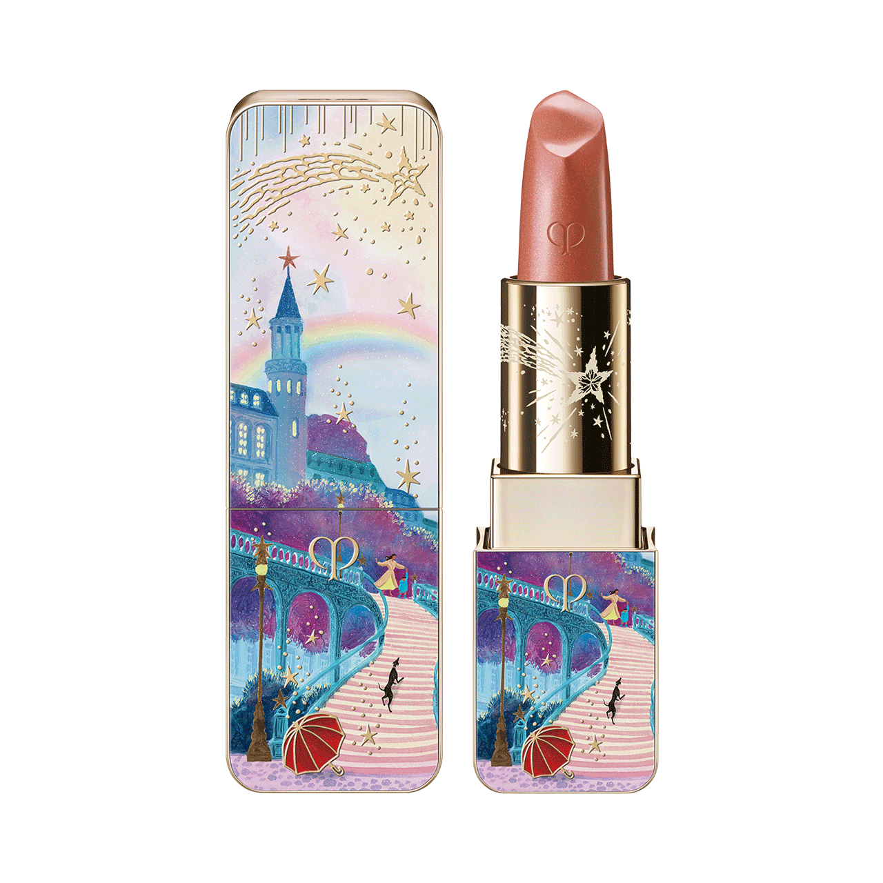Photo of the 26 AW Holiday Collection limited-edition LIPSTICK. A highly detailed scenic illustration of a path toward a castle with a rainbow and two figures is depicted on the square-tubed gold bullet. The lipstick is shown open beside its matching outer case and a texture swatch.
