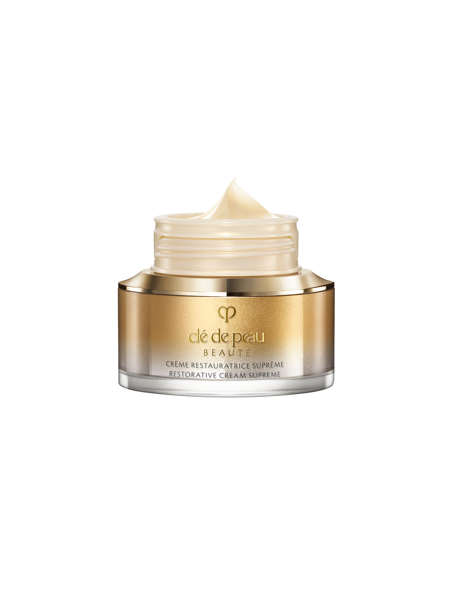 Photo of the smooth, rich texture of RESTORATIVE CREAM SUPREME,
            shown as a pale, glossy, creamy teardrop-shaped swatch.