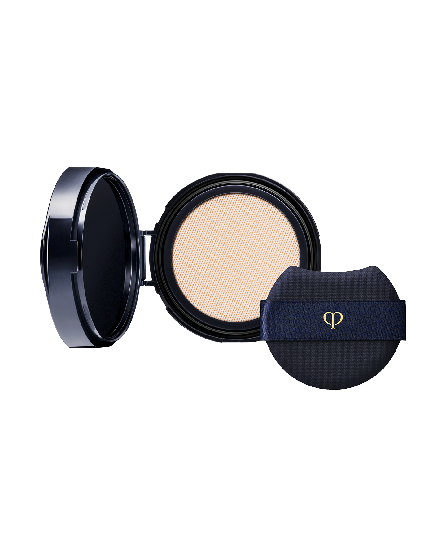 Photo of an open "RADIANT CUSHION FOUNDATION NATURAL (Refill)" compact with a branded puff. SHADE: I10
