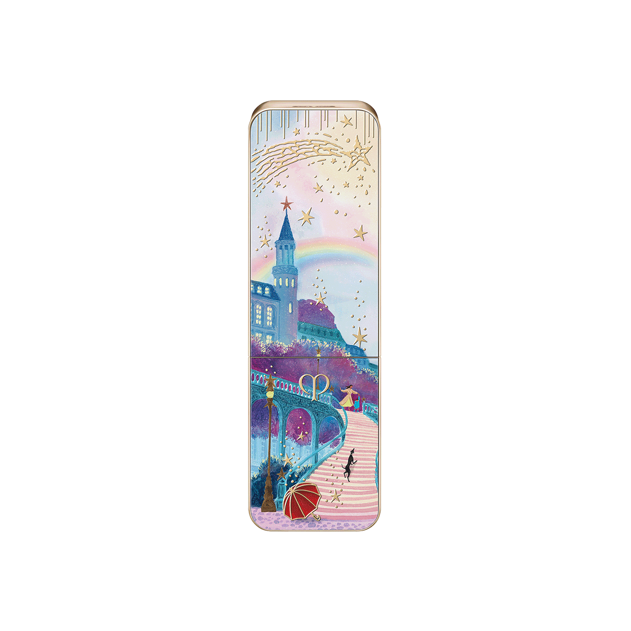 Photo of the 26 AW Holiday Collection limited-edition LIPSTICK case. The closed rectangular gold tube features a scenic illustration of a cobblestone path toward a castle with a rainbow, detailed with figures, a black dog, and a red umbrella.