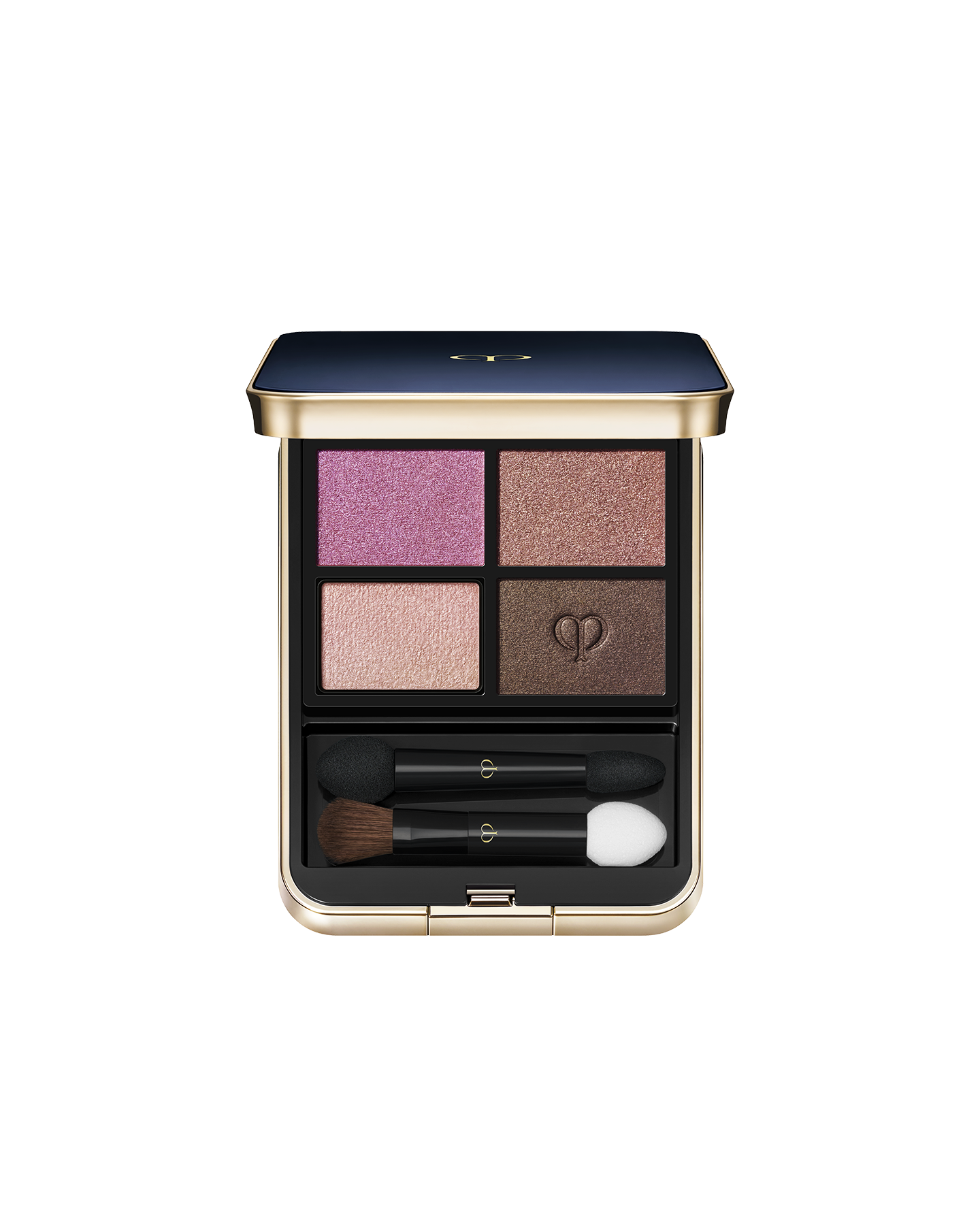 Photo of "EYE COLOR QUAD (REFILL)" set in a square case with a blue-black top and gold brand logo. Includes tip and brush. Shade: 6-Caviar Pearls.