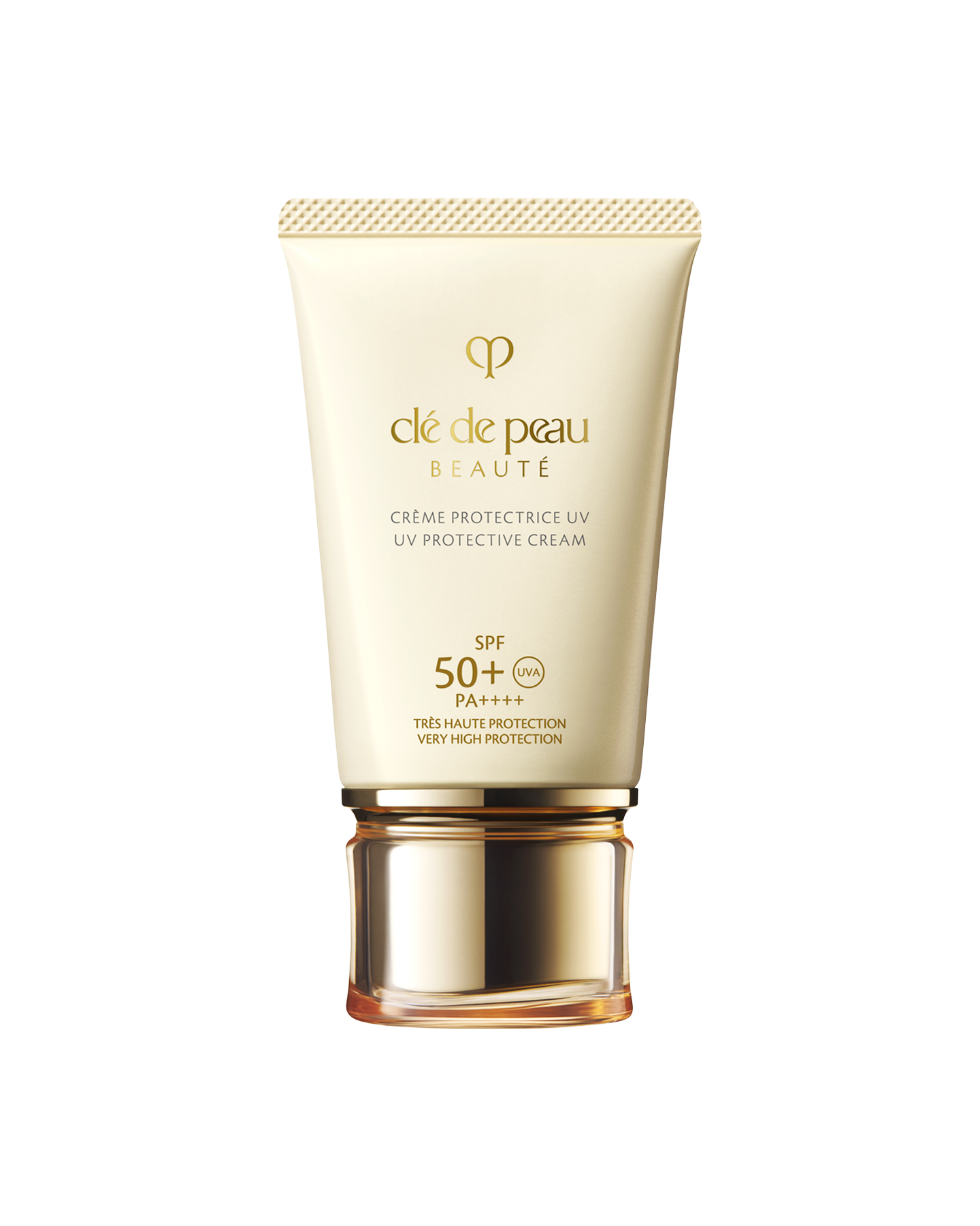 Photo of &ldquo;UV PROTECTIVE CREAM&rdquo; in a tube with a gold cap. Features high UV protection with SPF 50+ and PA++++. The brand logo is printed on the front. SIZE: 50g.