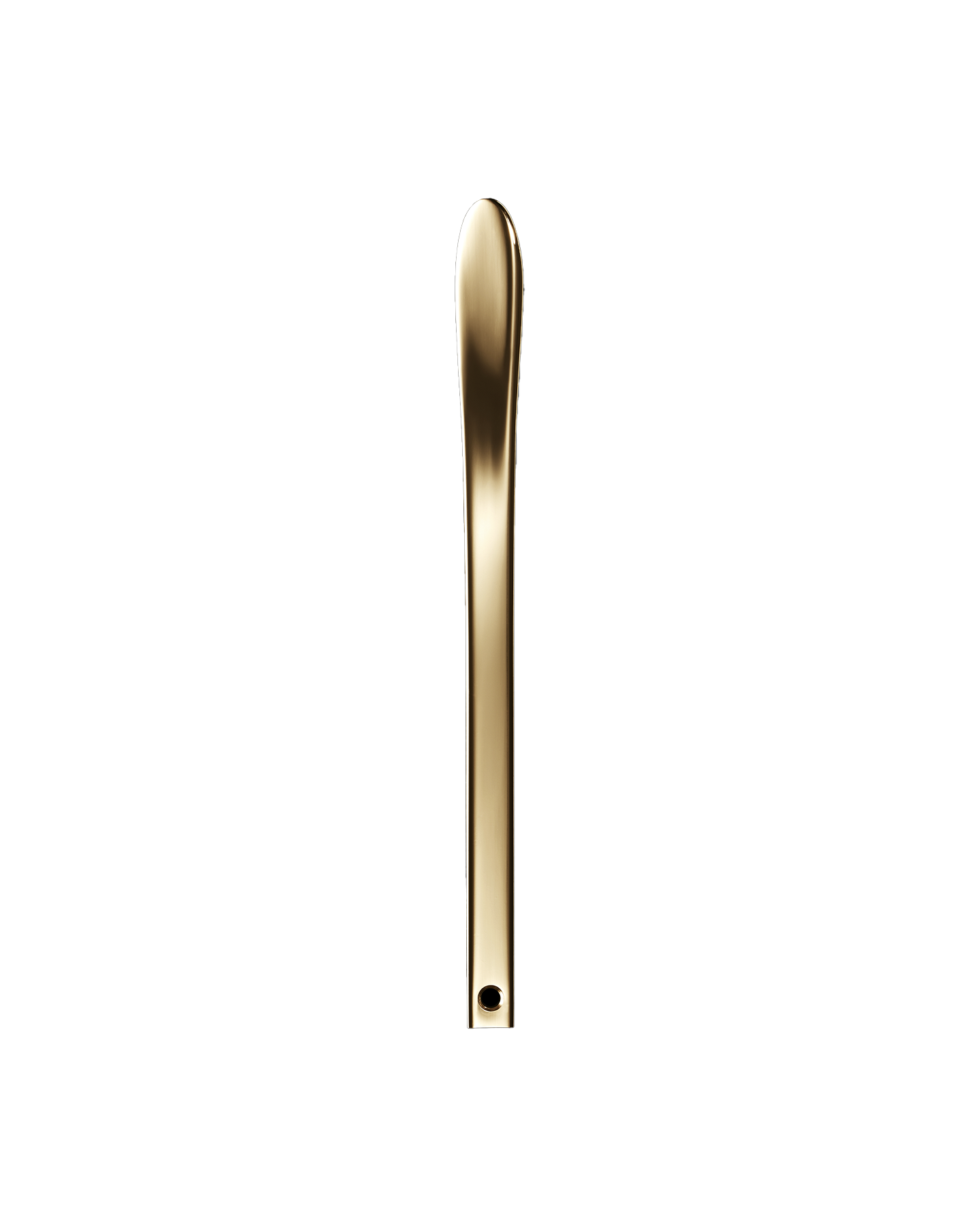 Photo of a sleek, gold spatula tool with a slightly tapered, rounded tip.