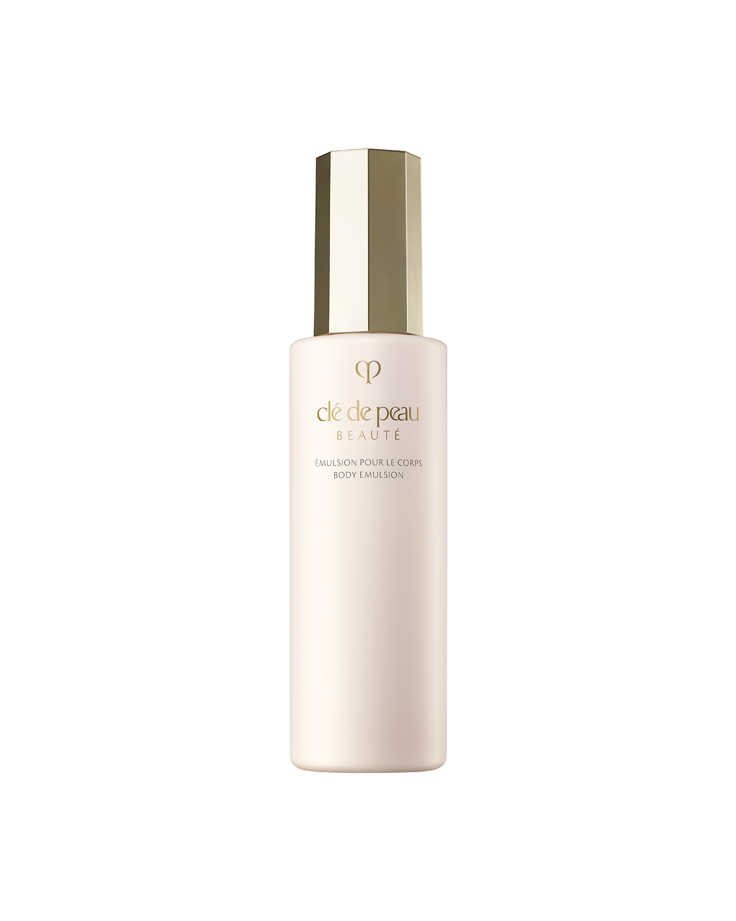 Photo of a pale pink bottle of "BODY EMULSION", featuring a distinctive faceted gold cap. SIZE: 200ml