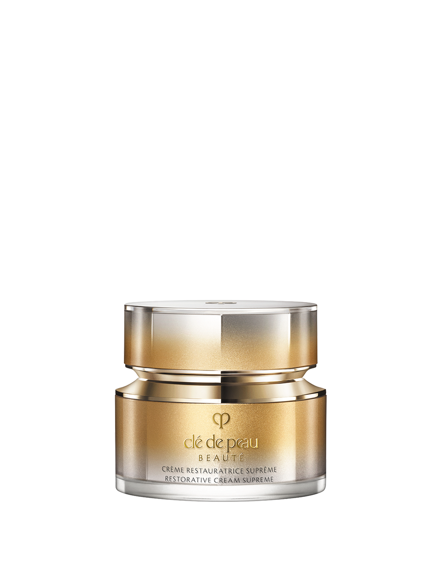 Photo of of a jar of RESTORATIVE CREAM SUPREME featuring a
            metallic gold-to-silver gradient body and a multifaceted metallic gold cap. SIZE: 50mL