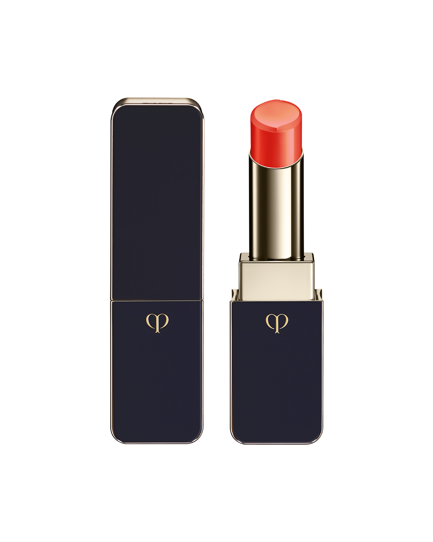 Photo of "LIPSTICK SHINE" with the stick twisted up. The tip is engraved with the brand logo, and the body features a combination of blue-black and gold sides. SHADE: Red-Orange Rebel.