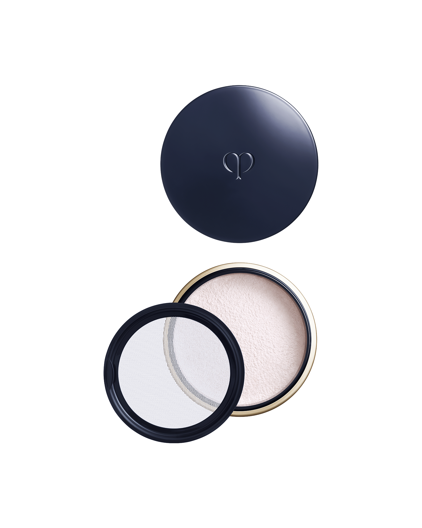 Photo of a round, blue-black and gold container with the lid on top, revealing the opened base and powder beneath. A transparent inner lid is placed on the left side. Shade: Light.