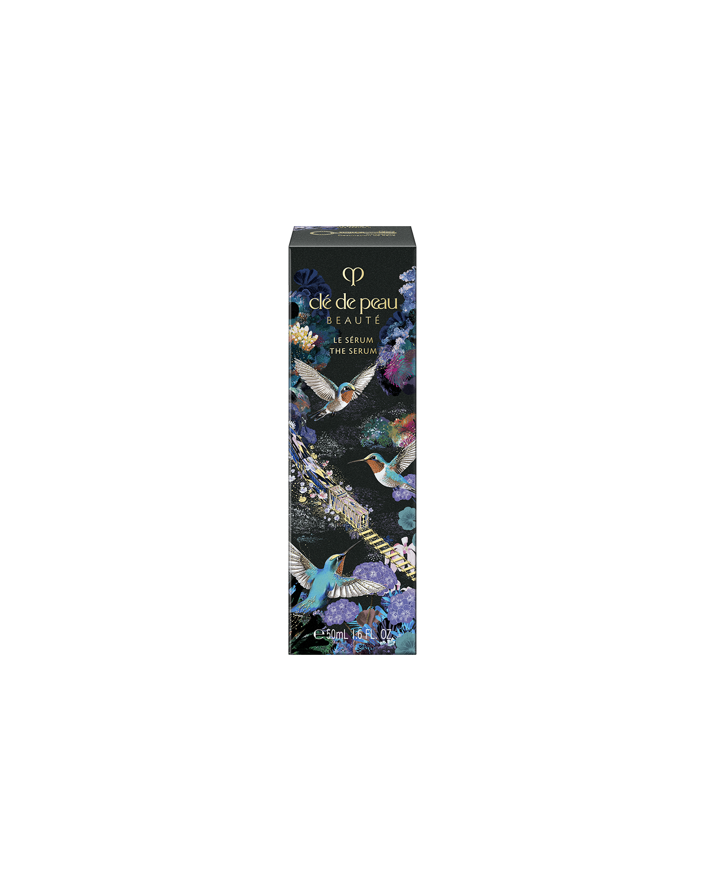 Photo of the outer box of the limited-edition THE SERUM in a 50ml size. The blue-black package features an elaborate design with a gold train, blue birds, and colorful flowers across the surface.
