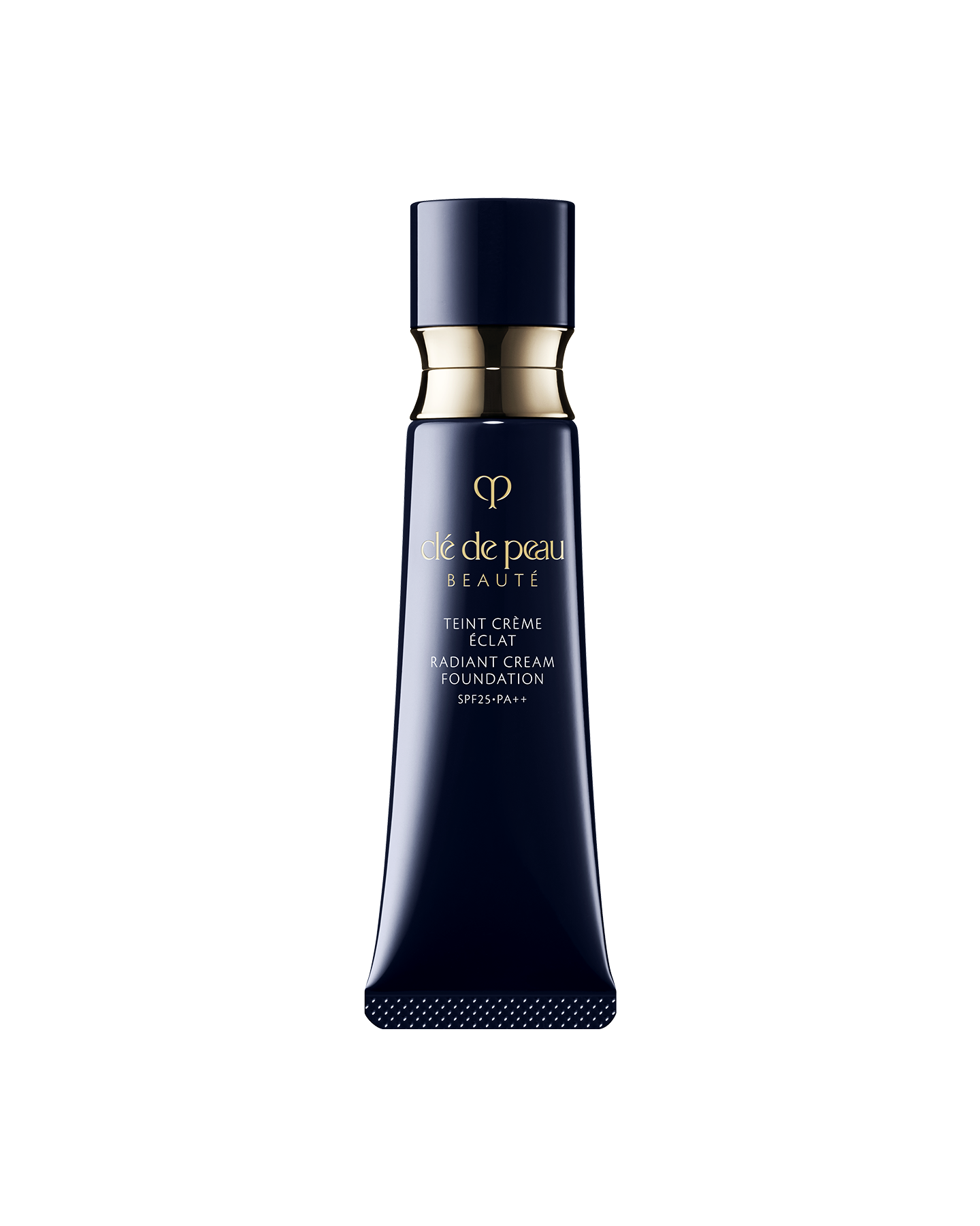 Photo of a blue black tube of "RADIANT CREAM FOUNDATION"adorned with a golden ring. SHADE: O20