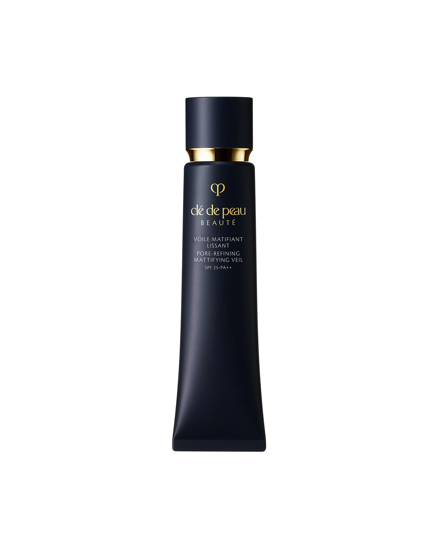 Photo of "PORE-REFINING MATTIFYING VEIL", in a slim blue-black tube accented with a reflective gold cap and the brand logo.