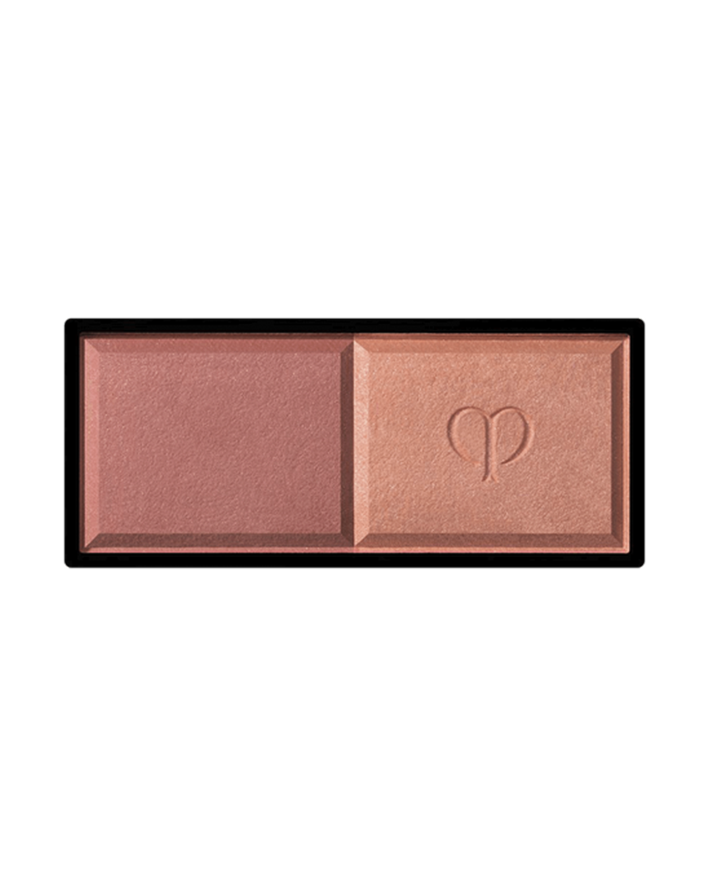 Photo of the rectangular "POWDER BLUSH DUO (Refill)" featuring two powders side by side. The left side has a matte texture, and the right side is a delicate pearly powder embossed with a logo in the center. Shade: 105