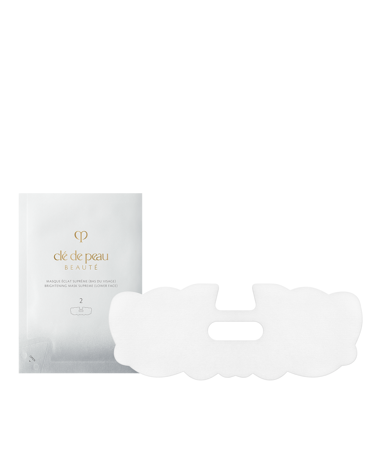 Photo of BRIGHTENING MASK TREATMENT SUPREME lower face sheet mask (step 2). A silver packet and a white lower face mask with a central mouth opening are shown side by side.