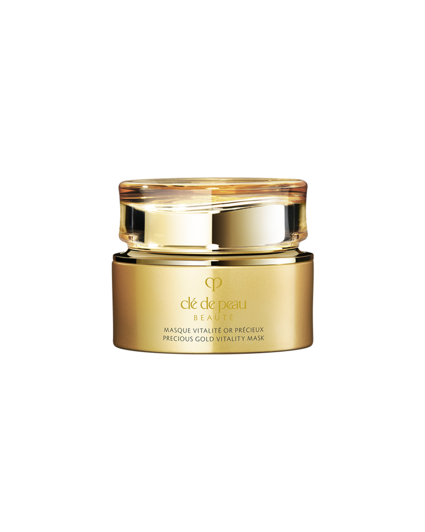 Photo of "PRECIOUS GOLD VITALITY MASK", a luxurious gold jar paired with a translucent gold lid. SIZE：75ml