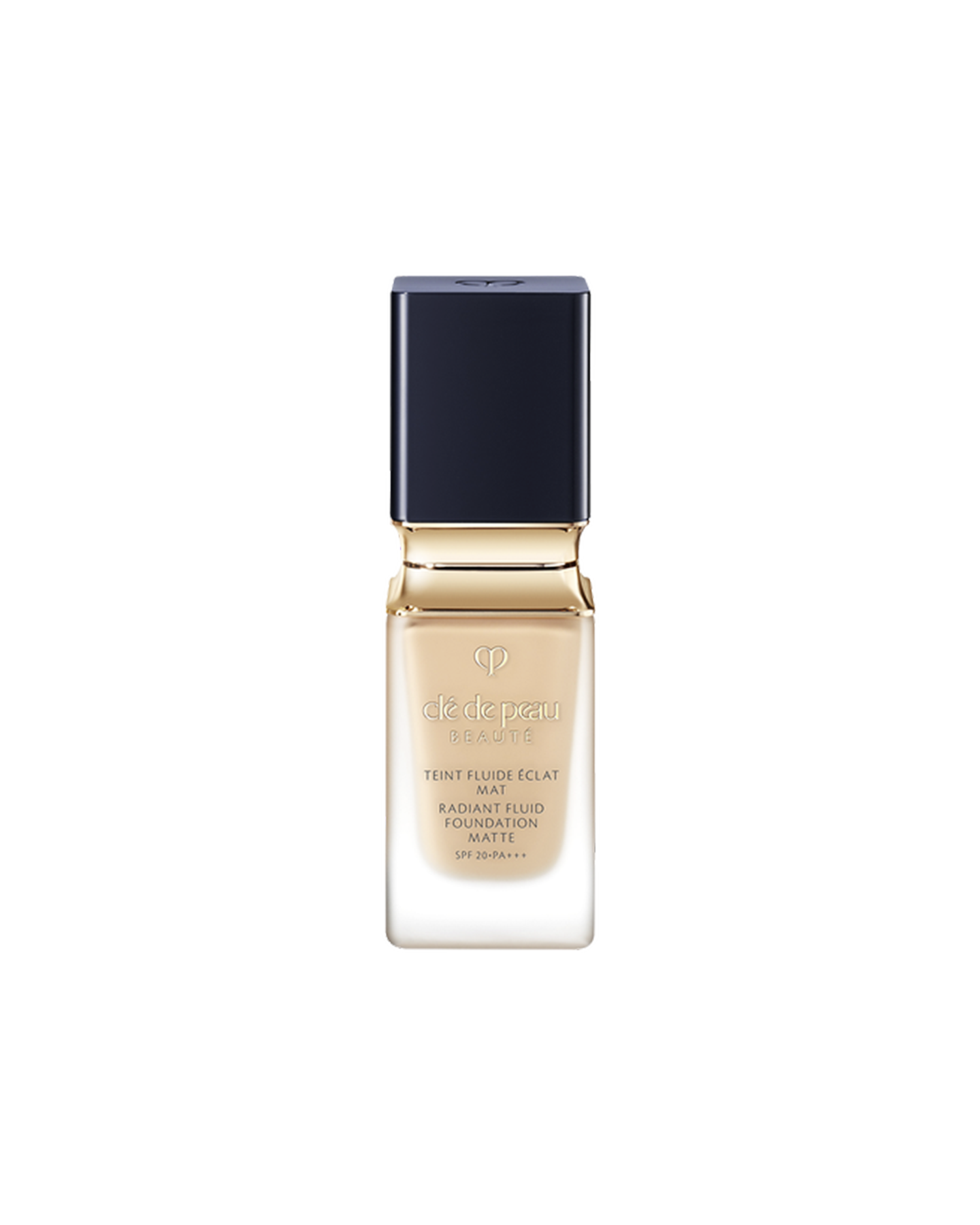 Photo of a bottle of "RADIANT FLUID FOUNDATION MATTE". The liquid foundation comes in a thick, clear glass bottle, featuring a blue-black, square-shaped cap and a gold neck accent. SHADE: O20