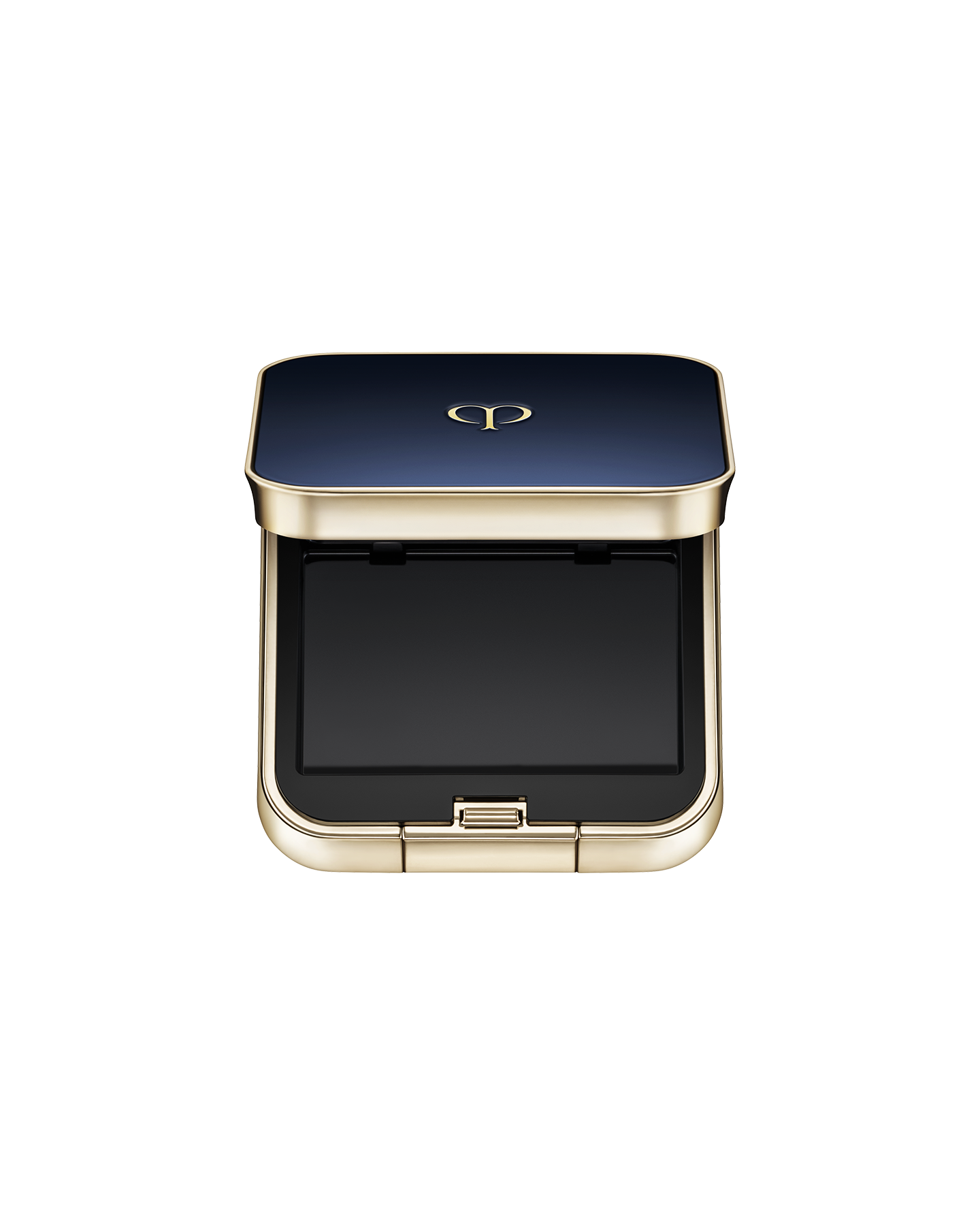 Photo of an exclusive case for "EYE COLOR SOLO" with the lid open. The lid is blue-black with the brand logo in the center, and the sides are trimmed in gold. The interior includes a space to insert a refill.