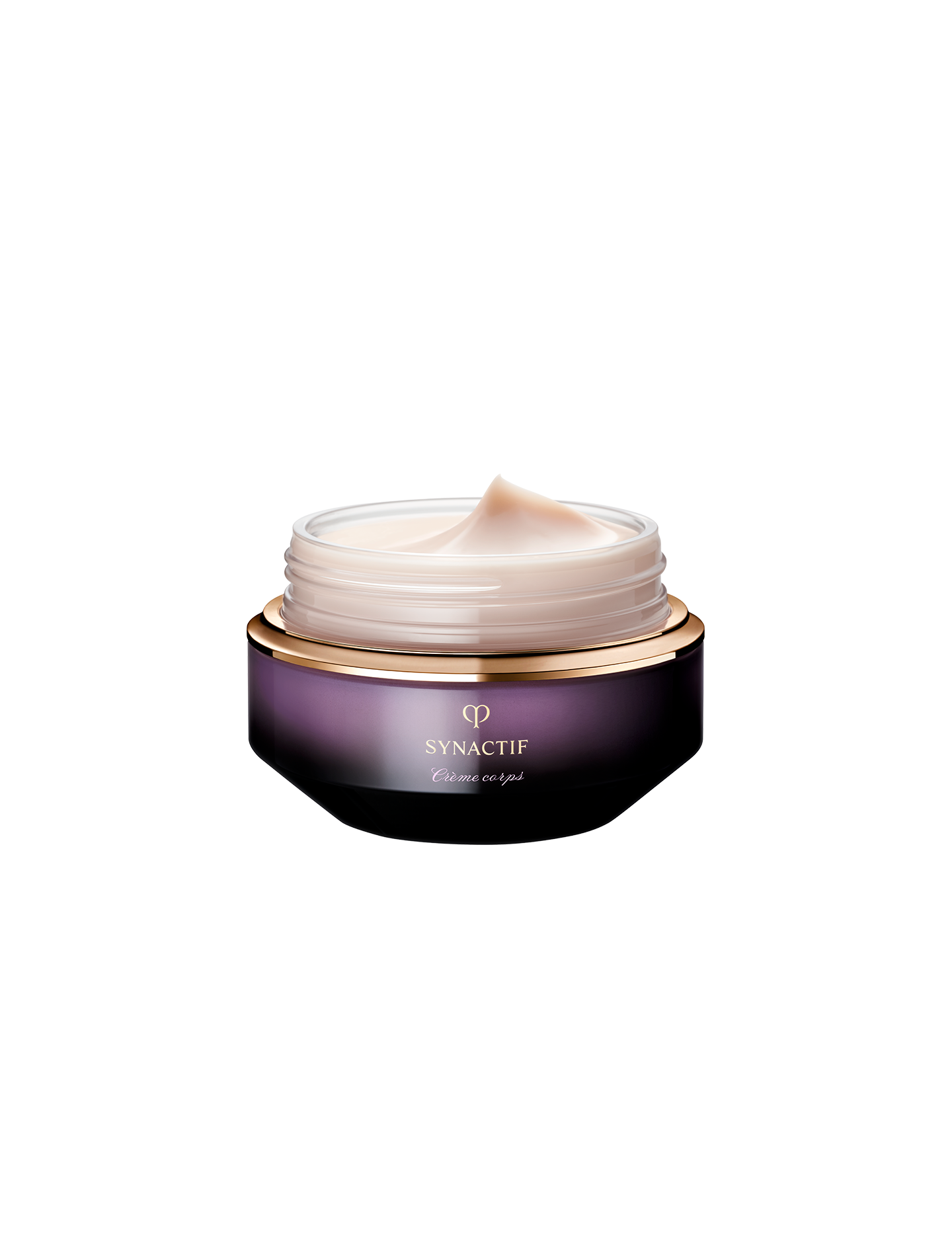 Photo of the smooth, rich, and creamy texture of SYNACTIF body cream, shown as a pale pink, glossy oval-shaped swatch against a dark violet background.