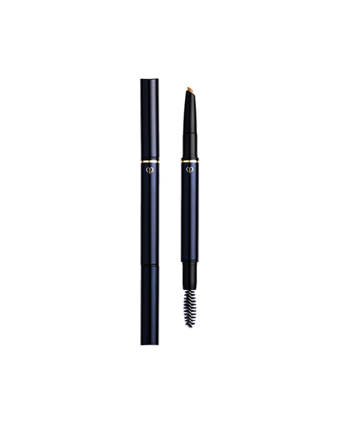 Photo of an "EYEBROW PENCIL" with the cartridge installed. The blue-black body is engraved with the gold brand logo, and features a pencil on one end and a spoolie brush on the other. Shade: 203-Light Brown.