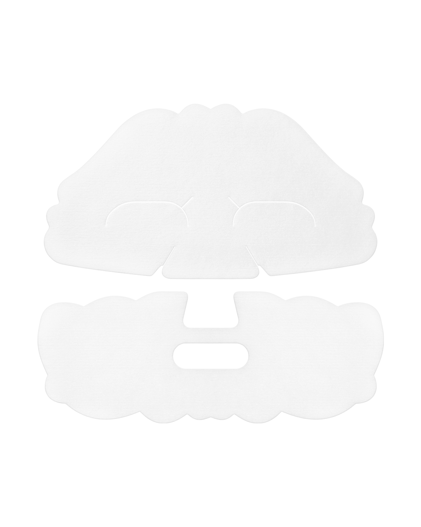 A photo of the two-piece sheet mask of BRIGHTENING MASK TREATMENT SUPREME, shown flat in white with separate upper and lower face sections and eye, nose, and mouth cutouts.