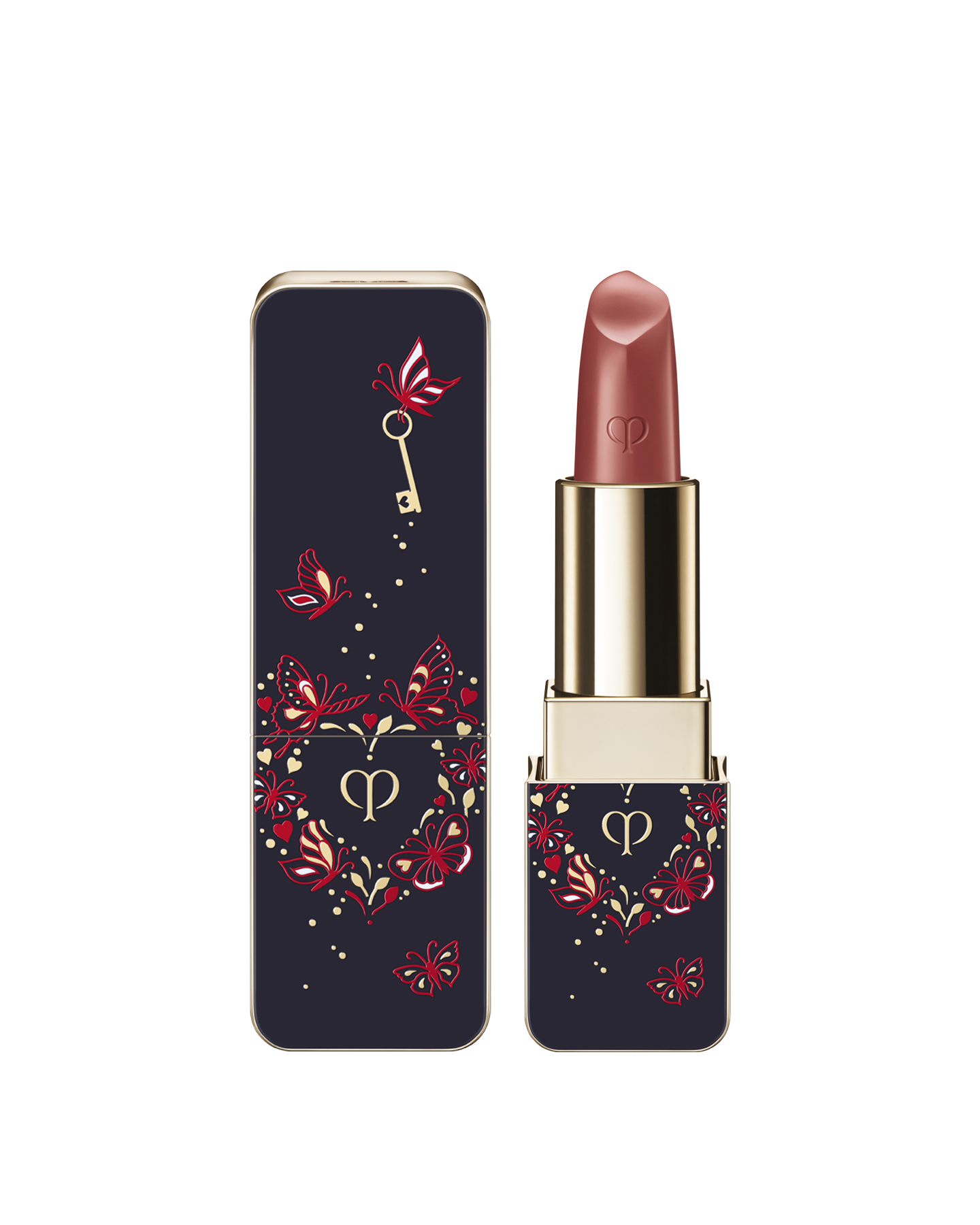 Photo of the 26 SS Collection limited-edition LIPSTICK MATTE. The navy-blue case features the Unlock Your Heart butterfly and key design, shown beside the opened lipstick. Shade: High Achiever
