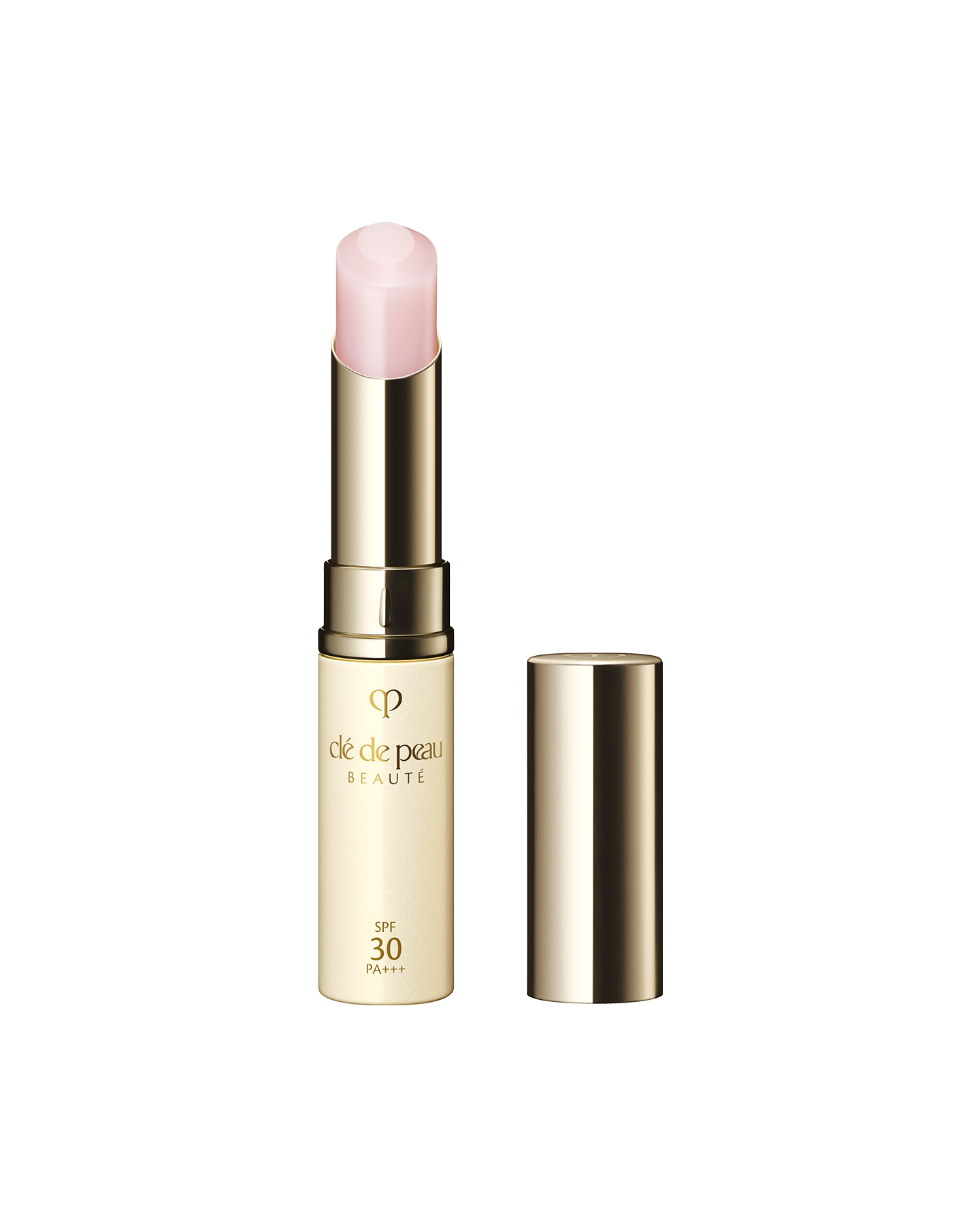 Photo of the "PROTECTIVE LIP TREATMENT" in a sleek gold tube with a soft pink balm stick and matching cap. SIZE: 4g