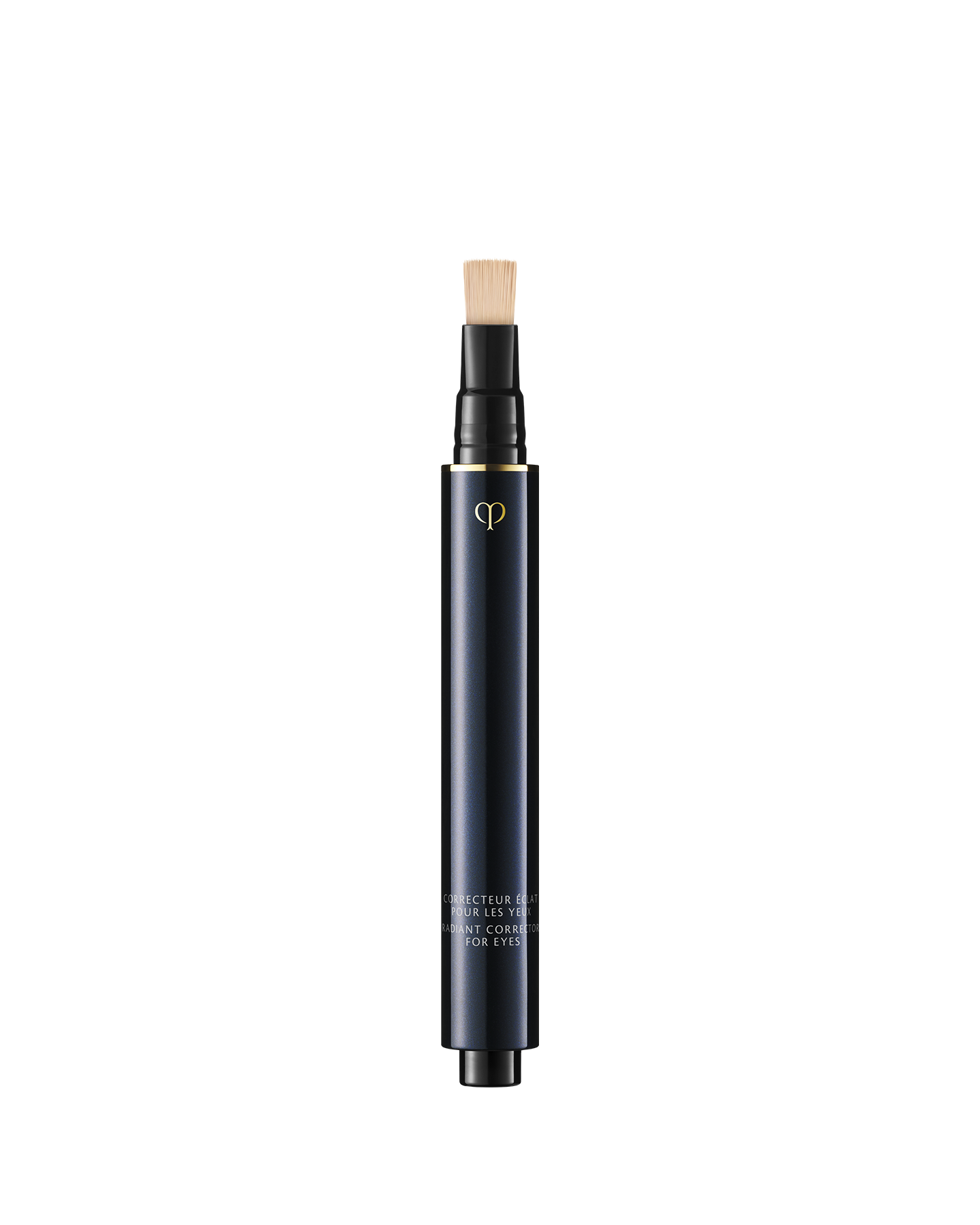 Photo of "RADIANT CORRECTOR FOR EYES", a sleek, blue-black pen-style concealer with a built-in flat brush applicator on top. Shade: Ivory.