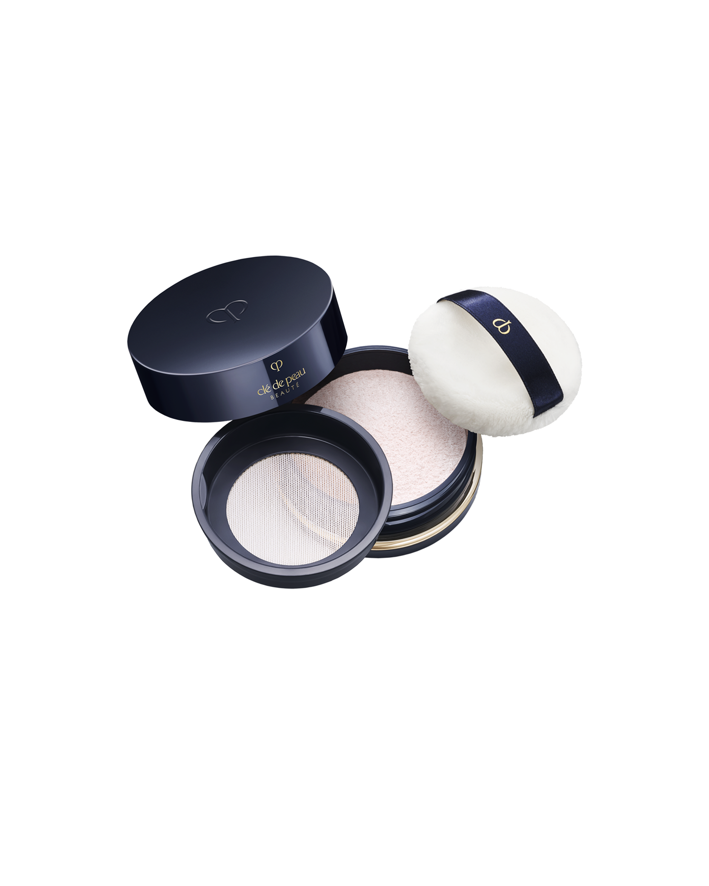 Photo of a small-size TRANSLUCENT LOOSE POWDER. The round, dark-blue compact is open, showing the shimmery powder and sifter, with the lid and puff placed alongside. Shade: Light