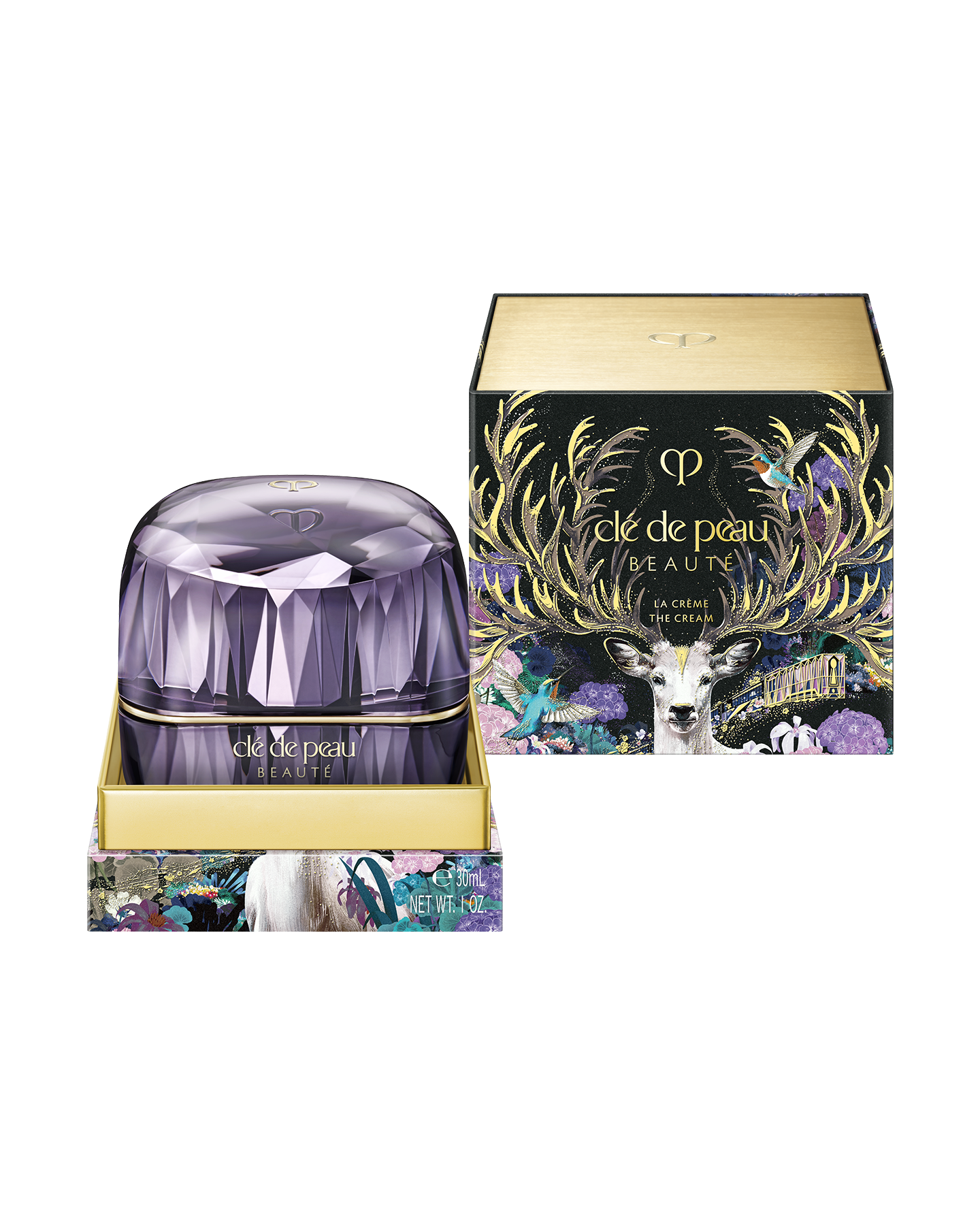 Photo of the limited-edition LA CR&Egrave;ME displayed alongside its special outer box, decorated with vibrant illustrations of a deer and flowers.