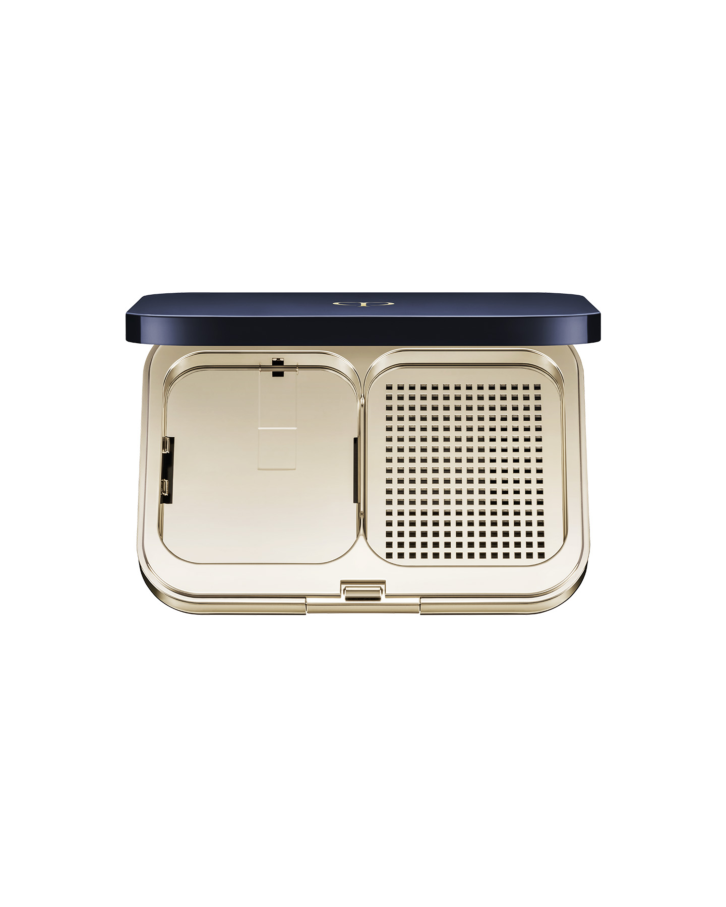 Photo of an exclusive case for "RADIANT POWDER FOUNDATION (REFILL)" with the lid open. The left side holds the refill, while the right side features a breathable compartment for the puff. The interior is finished in gold.