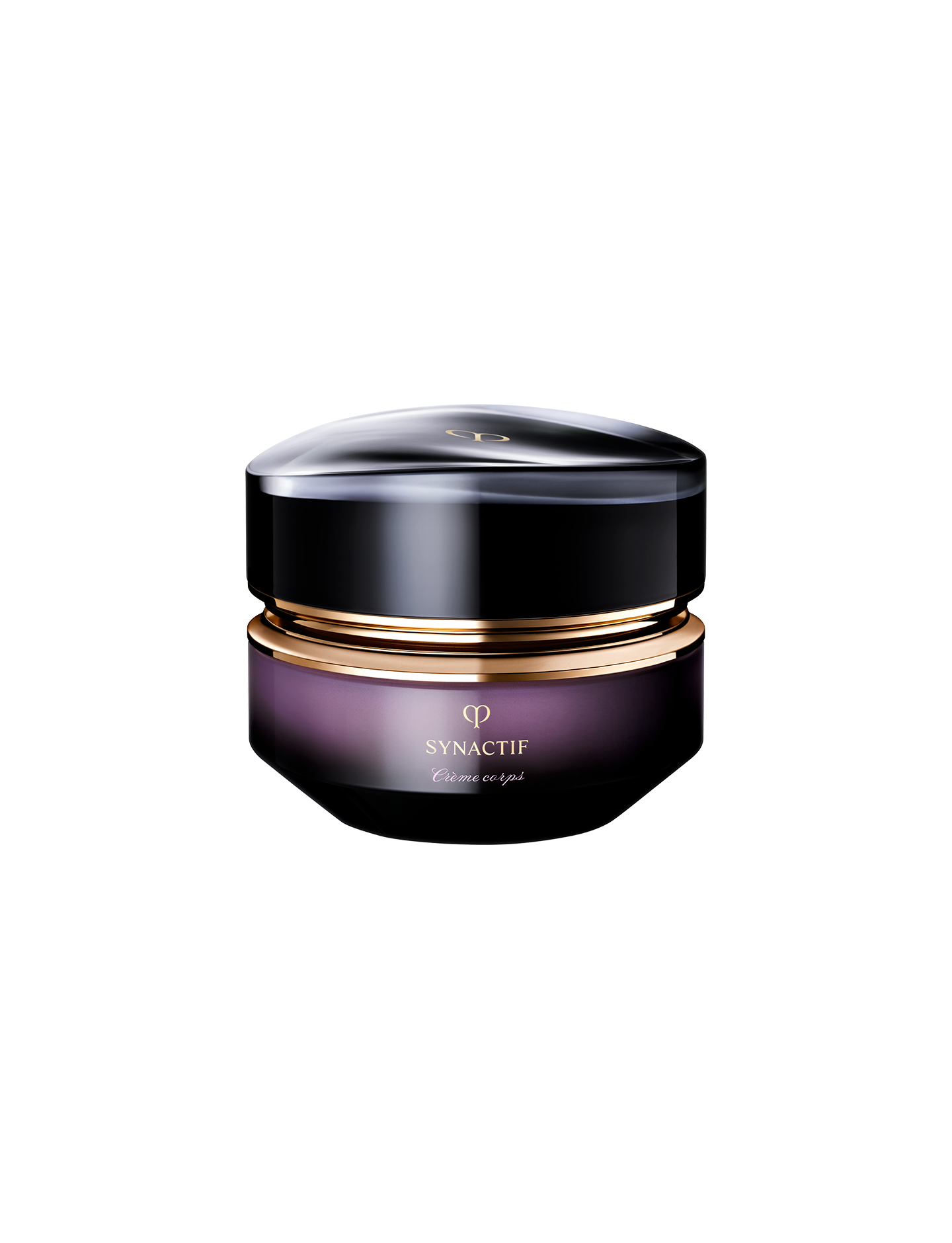 Photo of a jar of SYNACTIF body cream featuring a deep violet gradient glass body with a rounded, glossy black cap and gold accents. SIZE: 195ml