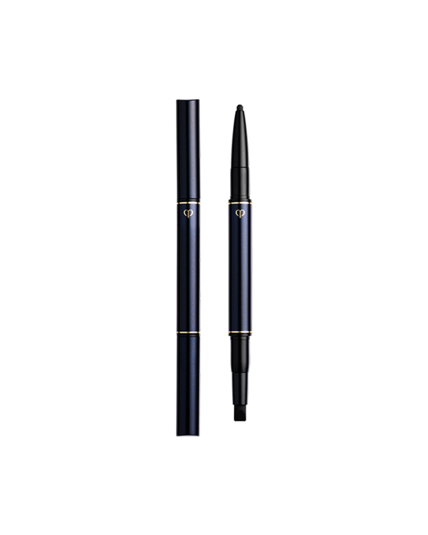 Photo of an "EYELINER PENCIL (CARTRIDGE)" with the cartridge installed. The blue-black body features a gold-engraved brand logo, with a pencil on one end and a special eyeliner tip on the other.