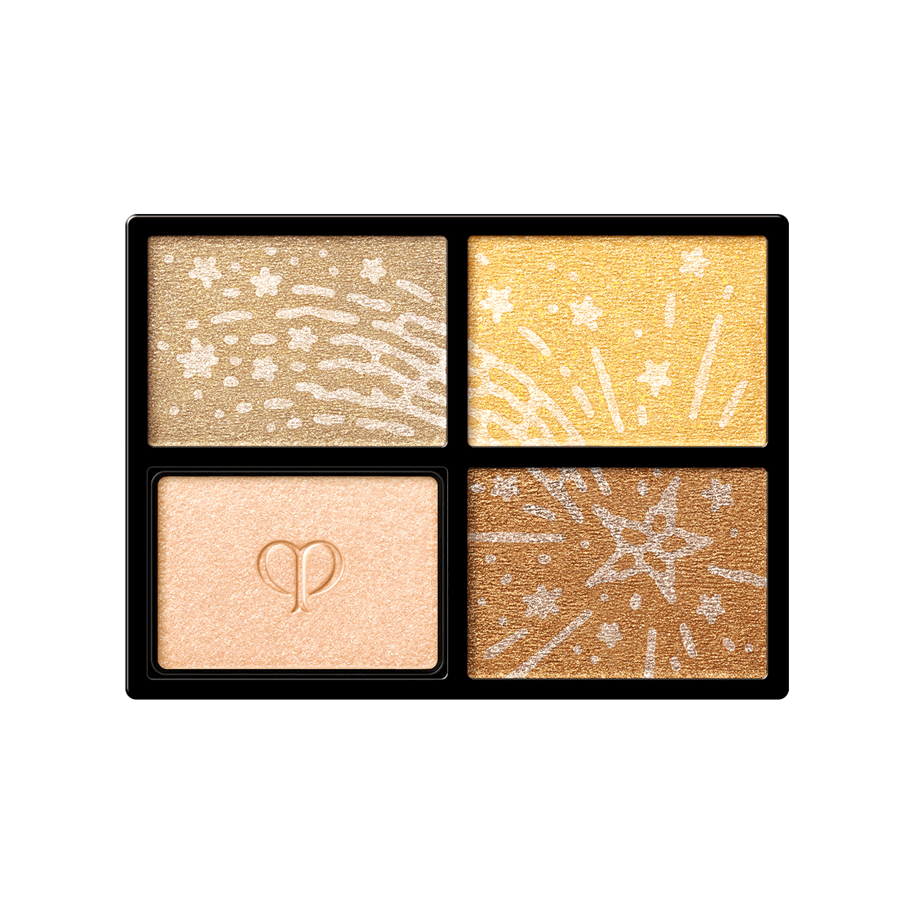 Photo of the 26 AW Holiday Collection limited-edition EYE COLOR QUAD refill. The rectangular black tray contains four rectangular eyeshadow shades. Three shades are detailed with engraved star patterns, and one shade features the embossed brand logo.