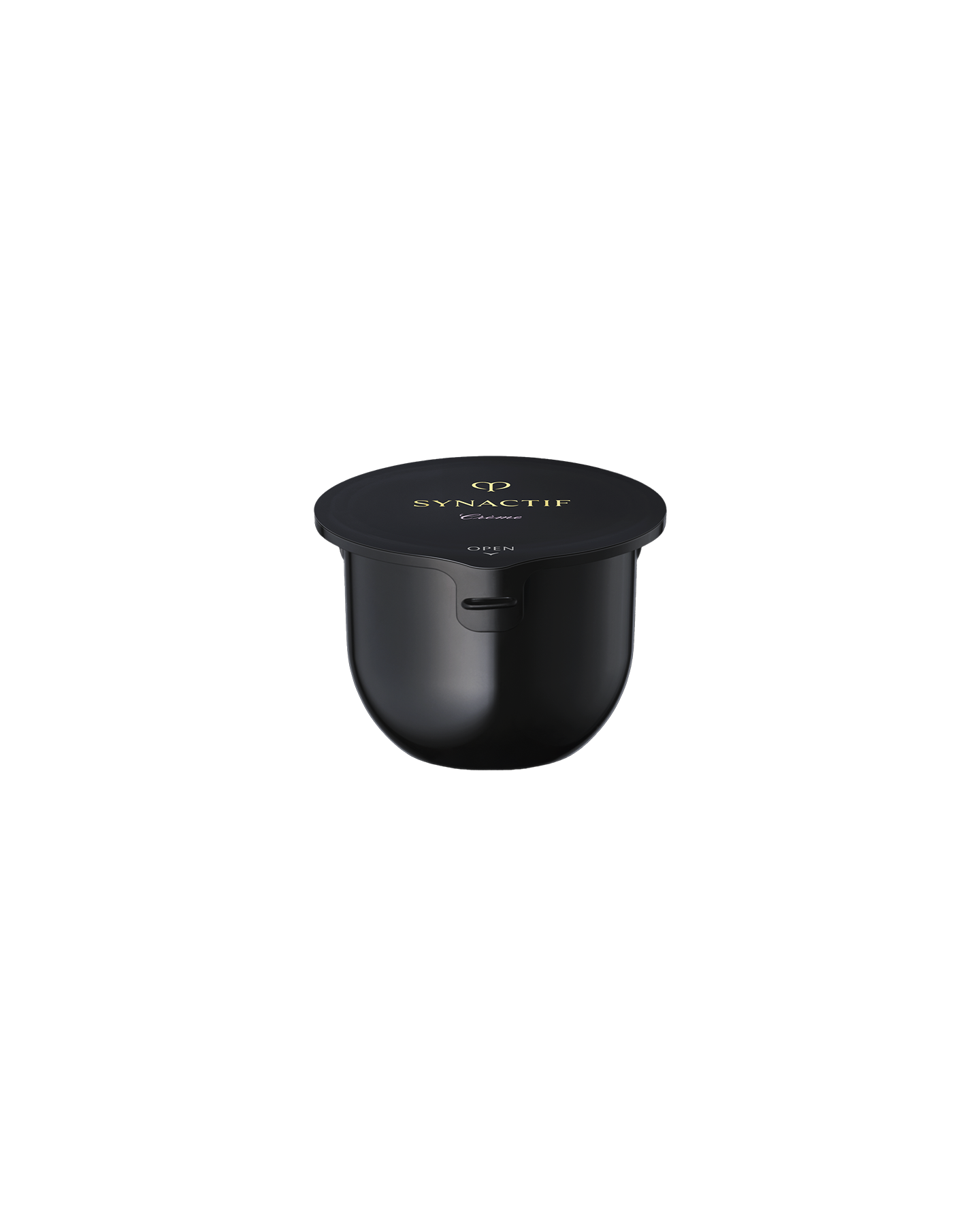Photo of SYNACTIF Cream refill shows a small, black, round jar with a matching black lid. The lid features the SYNACTIF logo in gold on the top.
