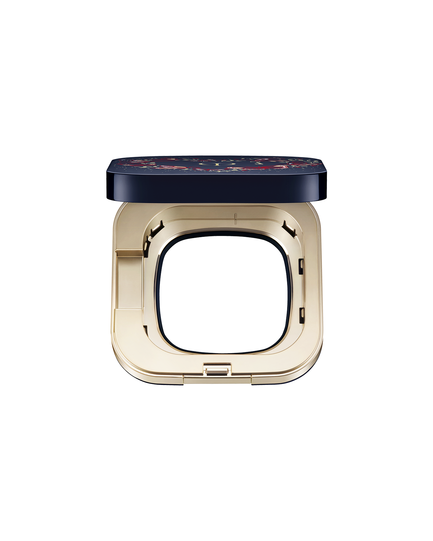 Photo of the opened 26 SS Collection limited-edition RADIANT CUSHION FOUNDATION DEWY CASE. The navy-blue lid with the butterfly and key design is lifted, revealing the empty gold-toned base for the refill.