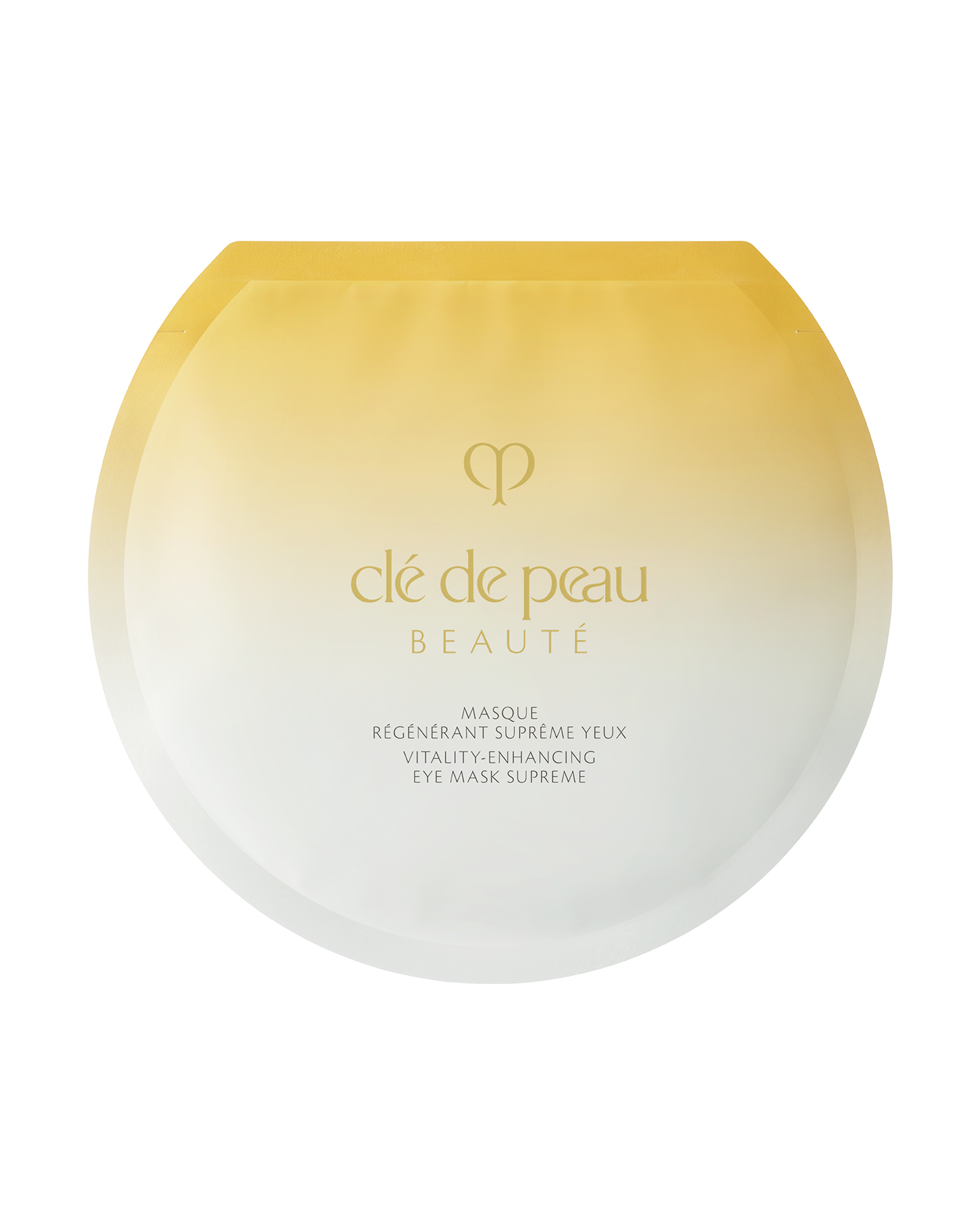 Photo of the pouch of VITALITY-ENHANCING EYE MASK SUPREME, a dome-shaped single-use foil sachet with a gold-to-white gradient.