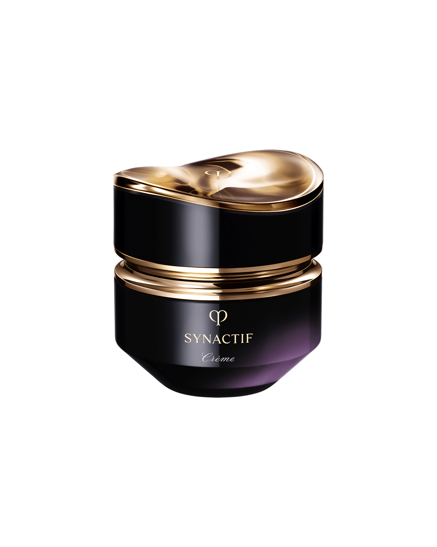 Photo of the Cl&eacute; de Peau Beaut&eacute; Synactif CREAM. The cream is presented in a jar with a black-to-purple gradient. The lid features a sculptural gold design, and the 'SYNACTIF' logo is elegantly displayed on the front. SIZE : 40ML