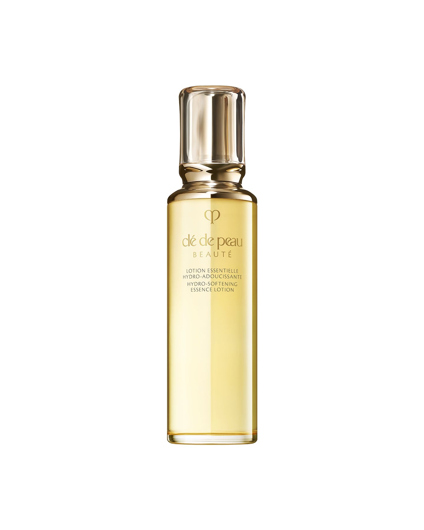 Photo of HYDRO-SOFTENING ESSENCE LOTION in a glass bottle with a rounded, translucent gold cap and the brand logo in gold.SIZE：170mL