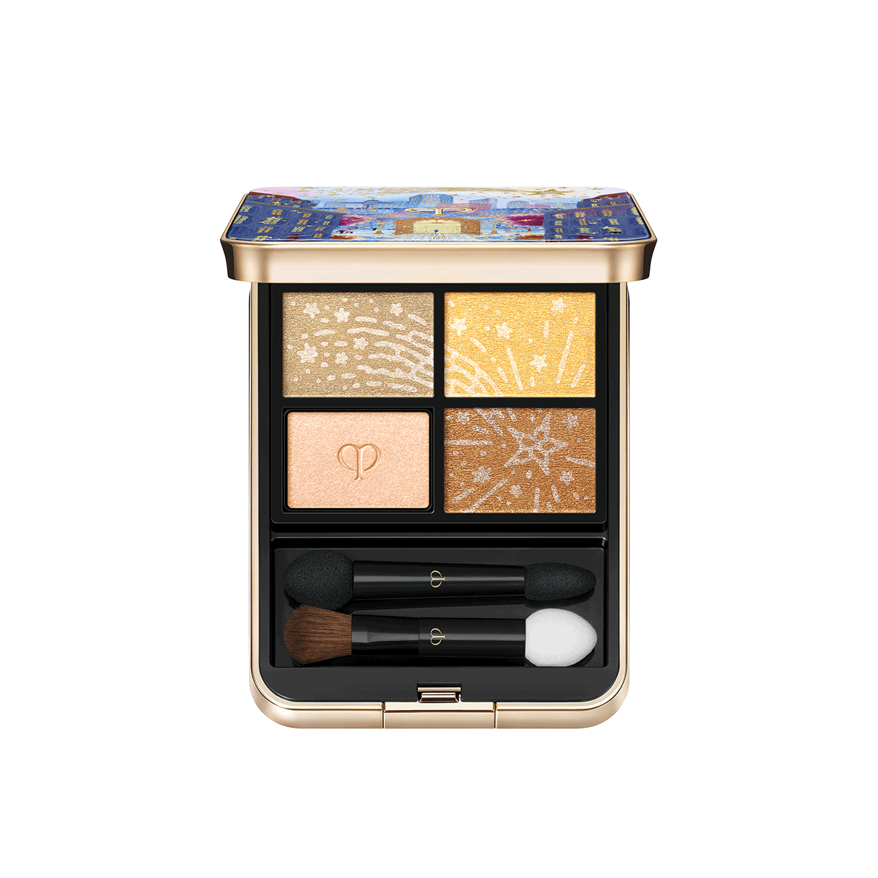 Photo of the 26 AW Holiday Collection limited-edition EYE COLOR QUAD. The opened gold compact reveals a four-shade eyeshadow palette and two applicators below. Three shades feature engraved star patterns, while one shade is embossed with the brand logo.