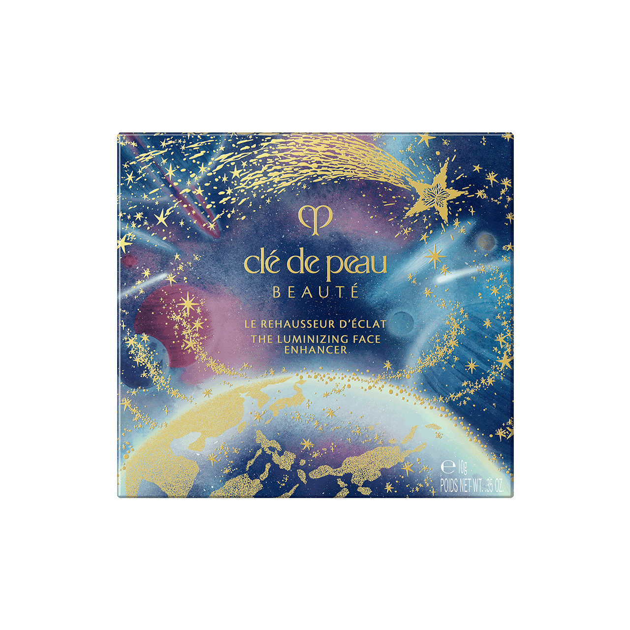Photo of the 26 AW Holiday Collection limited-edition THE LUMINIZING FACE ENHANCER outer box. The square package features a scenic illustration of Earth from space under a starry night sky, with a large gold shooting star across the top.