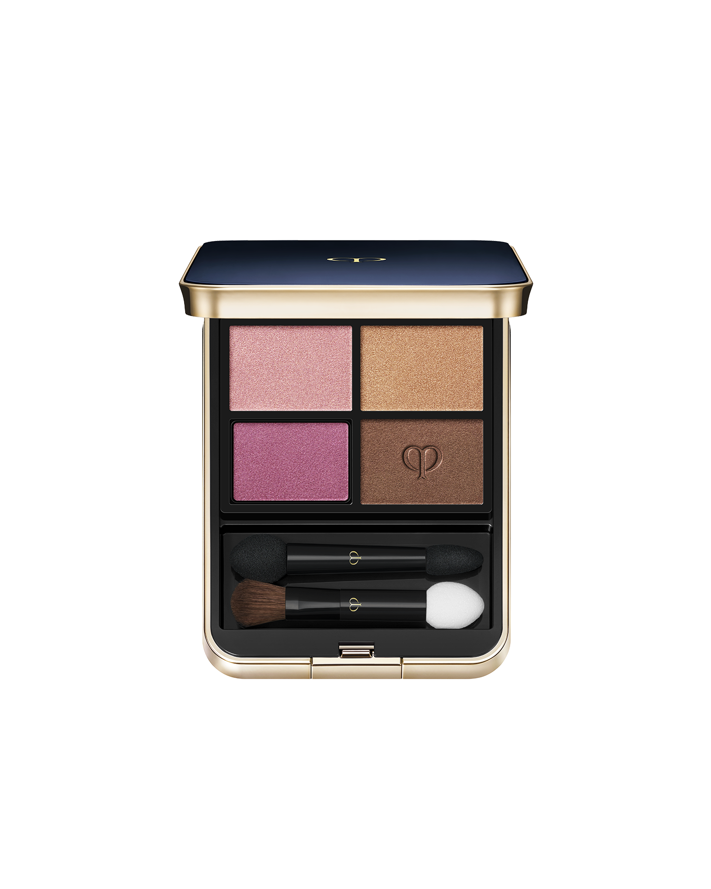 Photo of "EYE COLOR QUAD (REFILL)" set in a square case with a blue-black top and gold brand logo. Includes tip and brush. Shade: 13-Sunwarmed Stones.