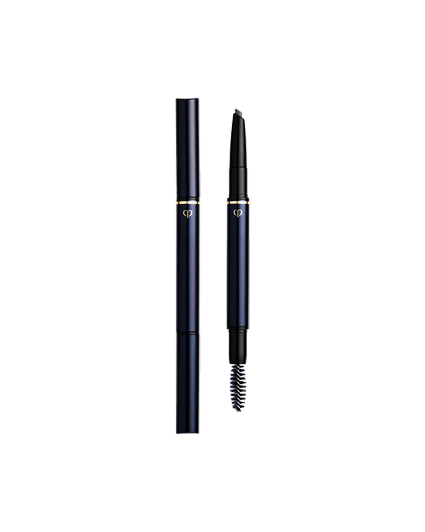 Photo of an "EYEBROW PENCIL" with the cartridge installed. The blue-black body is engraved with the gold brand logo, and features a pencil on one end and a spoolie brush on the other. Shade: 204-Gray.
