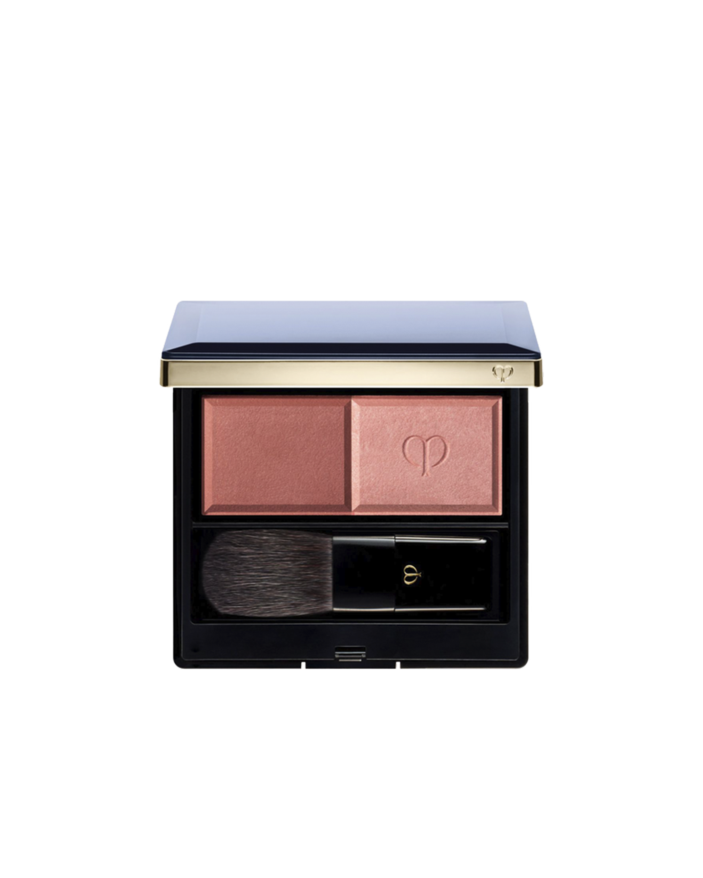 Photo of the"POWDER BLUSH DUO (Refill)"  set in a square compact with a navy lid and gold edges. The compact contains two blush shades and a brush: matte powder on the left, and pearly powder with the brand logo on the right. SHADE: 101.