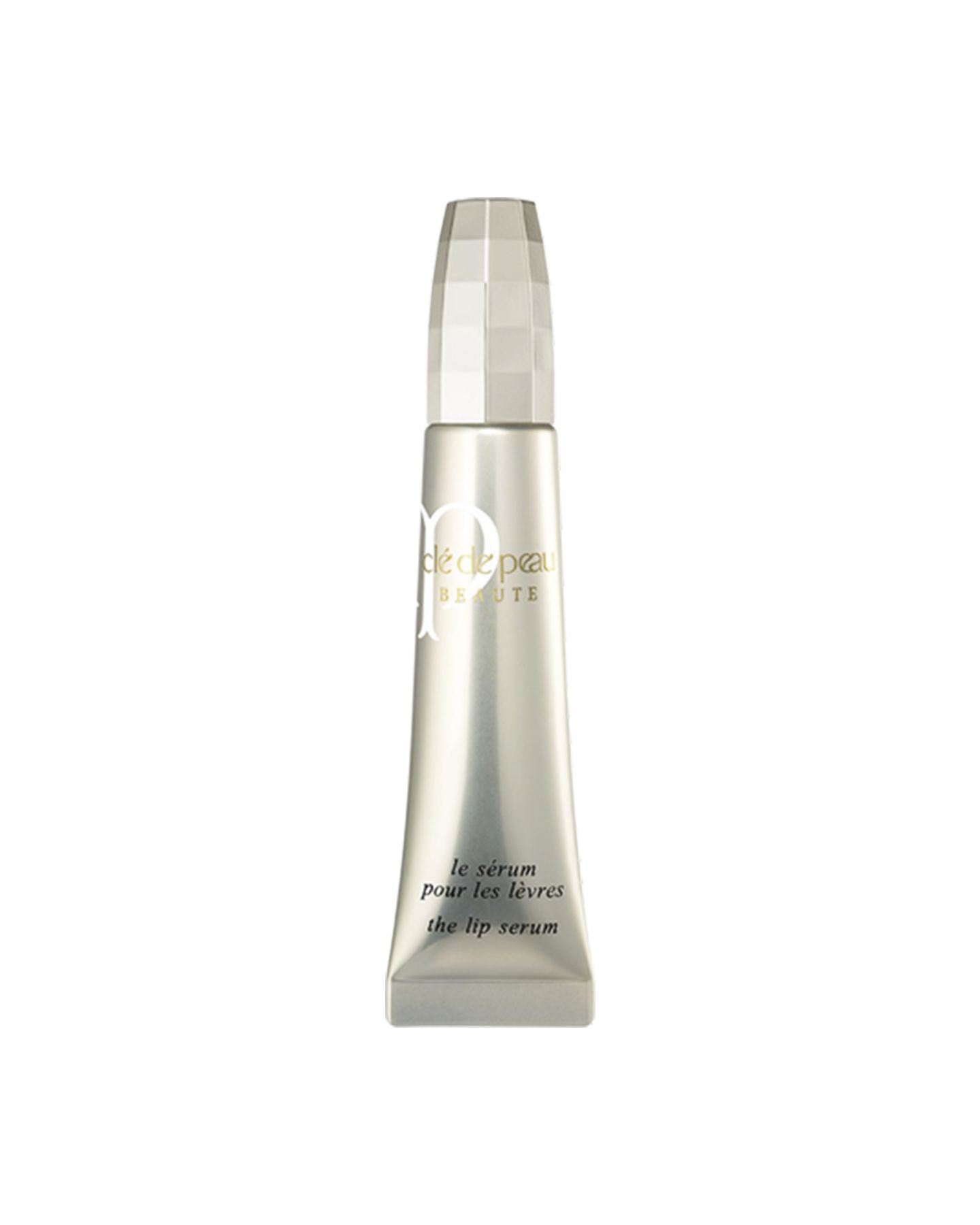 Photo of "THE LIP SERUM", featuring a metallic tube with a multi-faceted transparent cap.